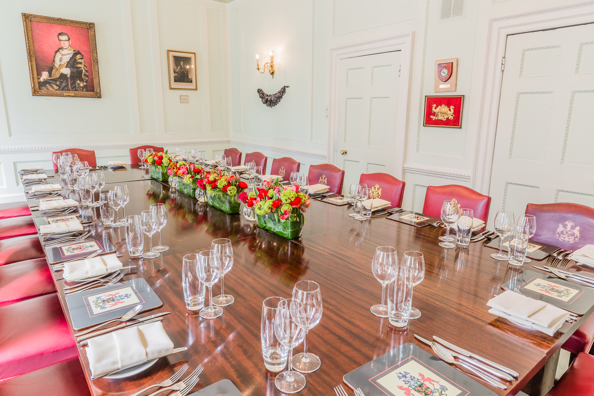 Boardroom setup in Coopers' Hall with elegant table, ideal for meetings and events.