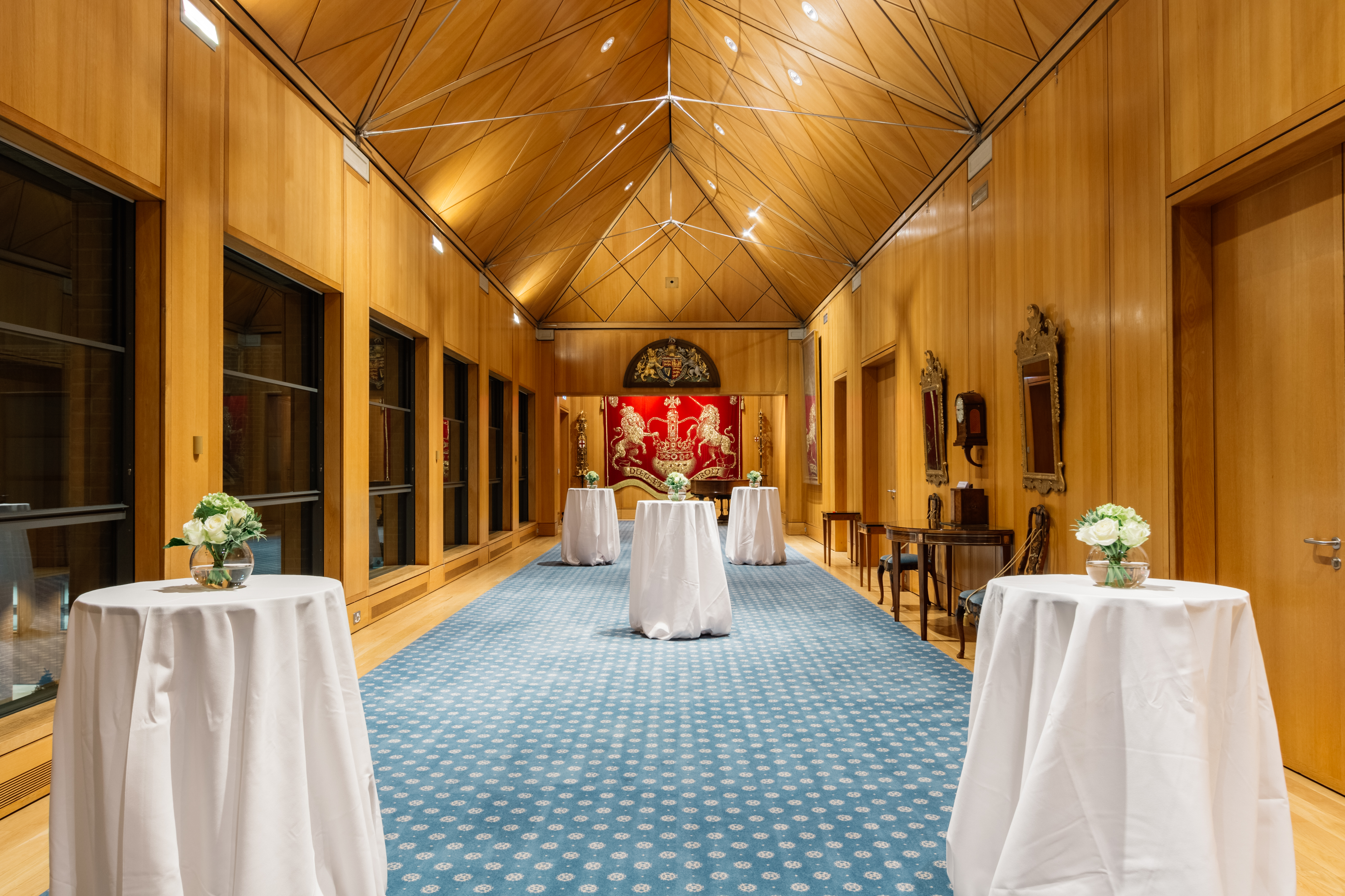 Reception Gallery in Haberdashers' Hall with elegant wooden paneling, ideal for events.