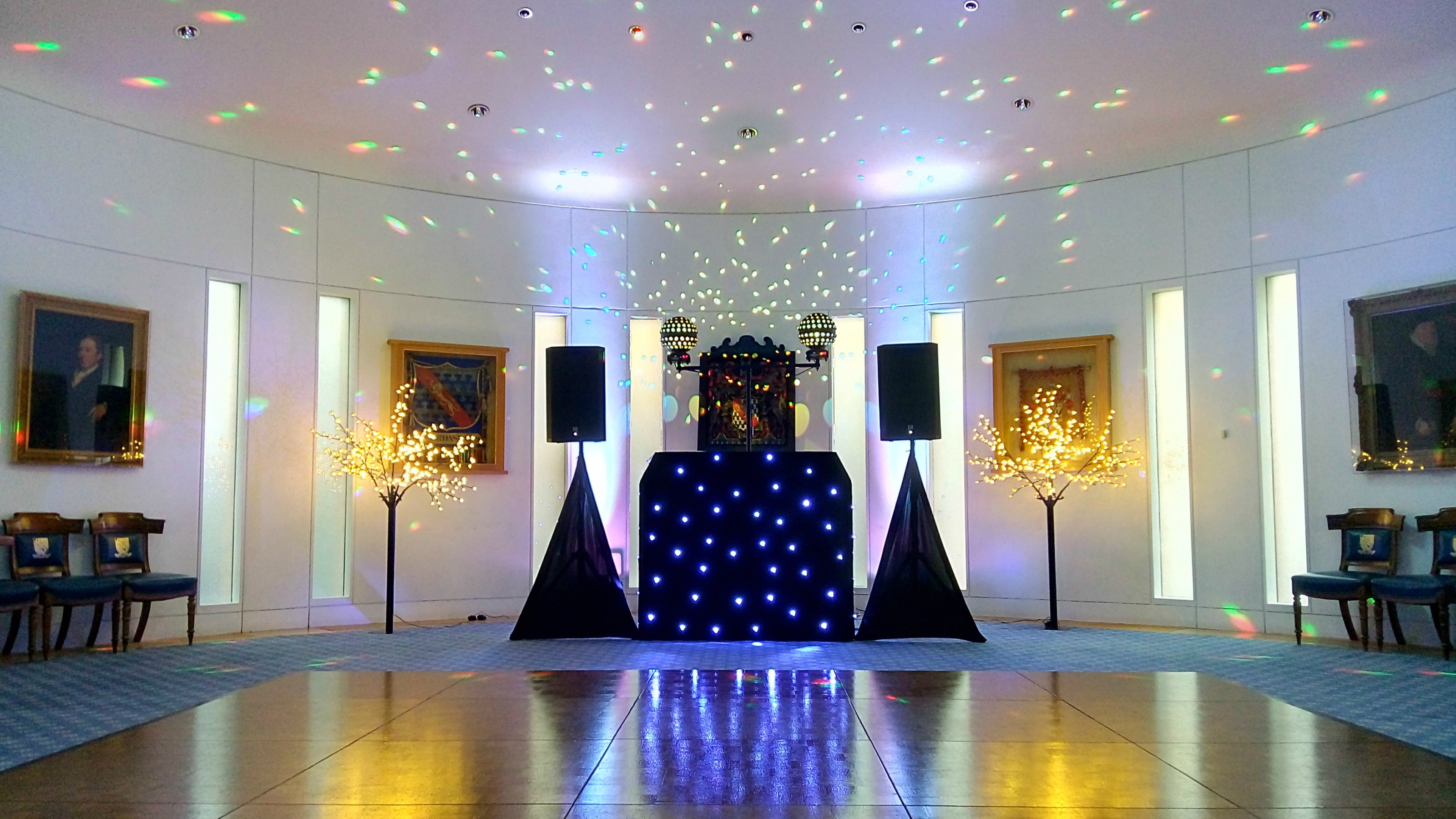 Court Room at Haberdashers' Hall with DJ setup, ideal for celebrations and corporate events.