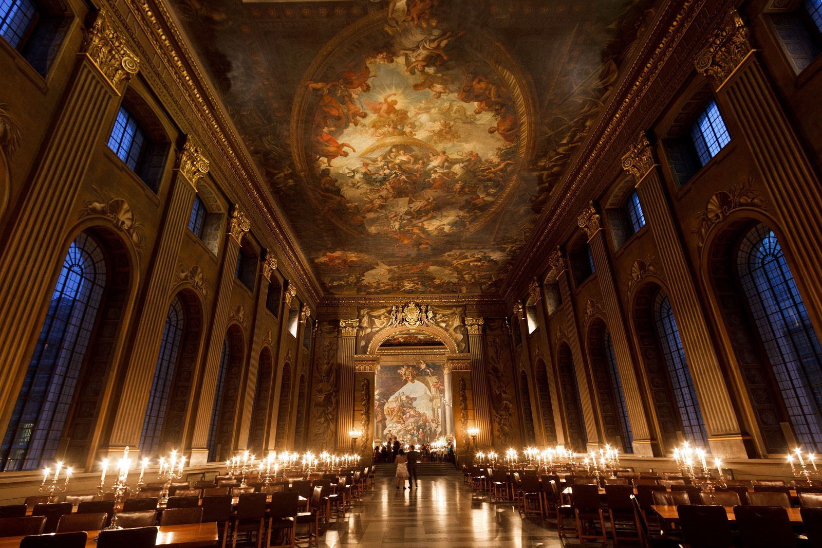 Painted Hall event space with opulent ceiling mural, ideal for formal dinners and gatherings.