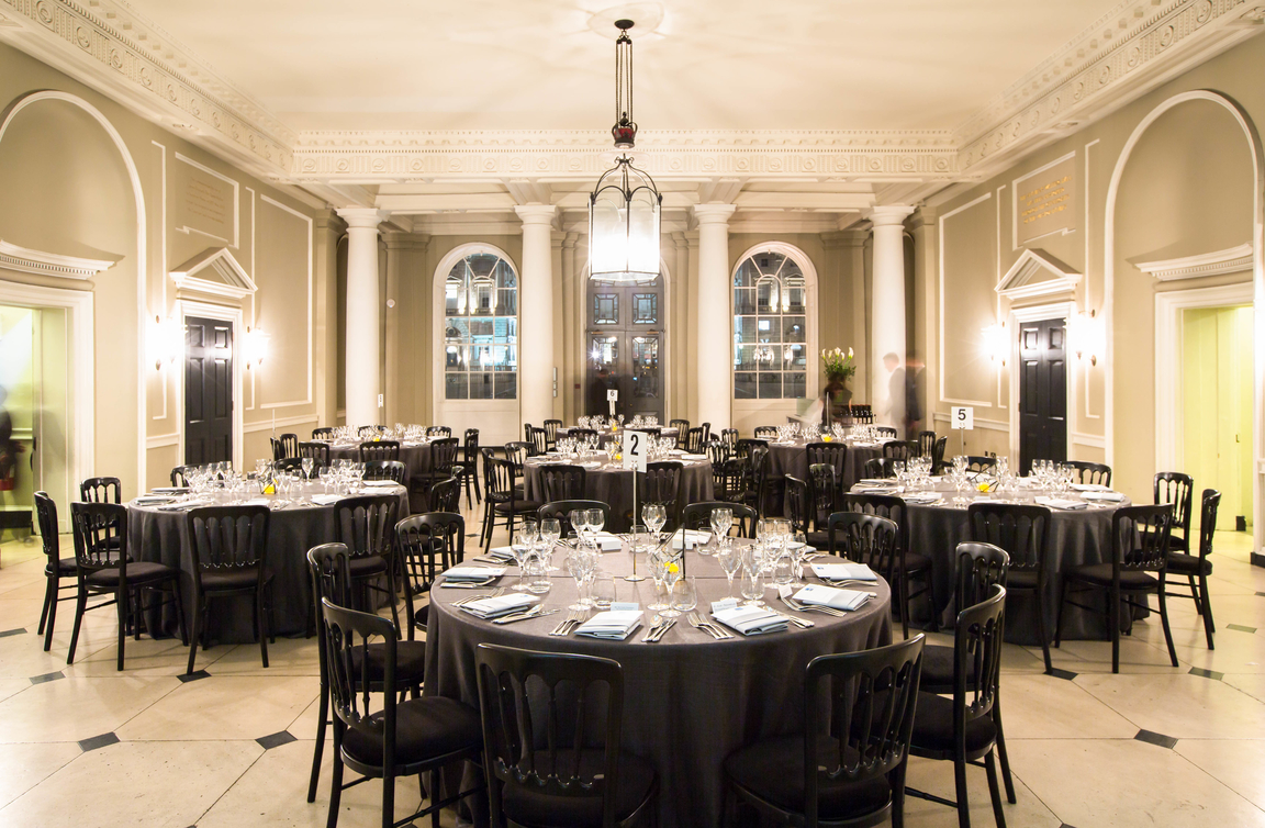 Elegant banquet room at Seamen's Hall, Somerset House for corporate dinners and upscale events.