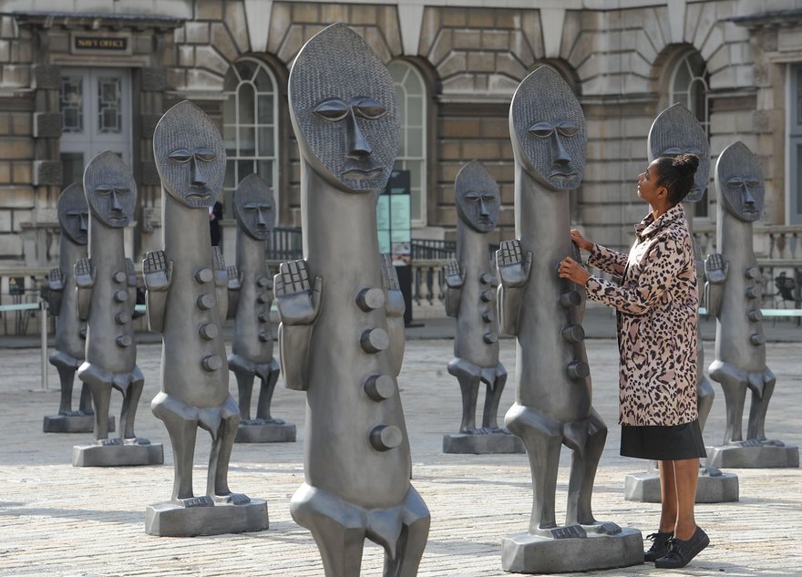 Edmond J. Safra Fountain Court with abstract sculptures, ideal for events and networking.