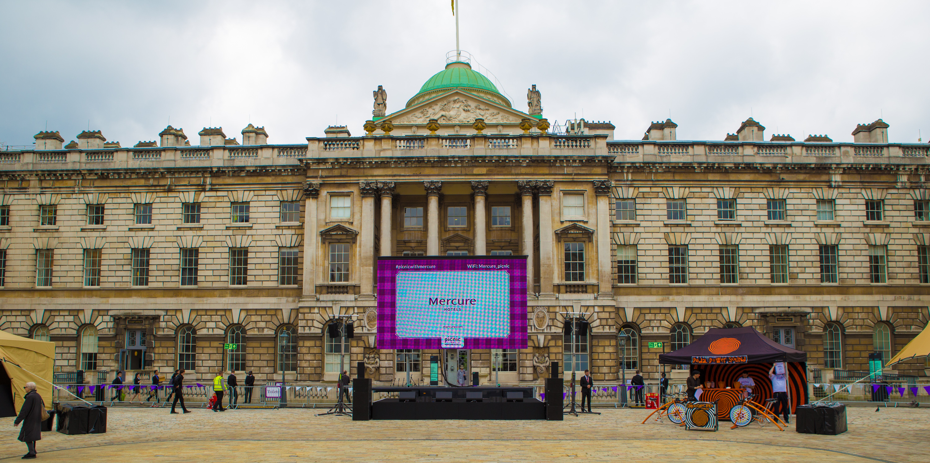 Edmond J. Safra Fountain Court, Somerset House, outdoor event space with stage setup.