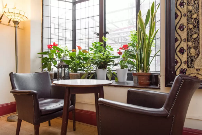 Cozy Lounge-Bar in India with natural light, ideal for meetings and brainstorming.