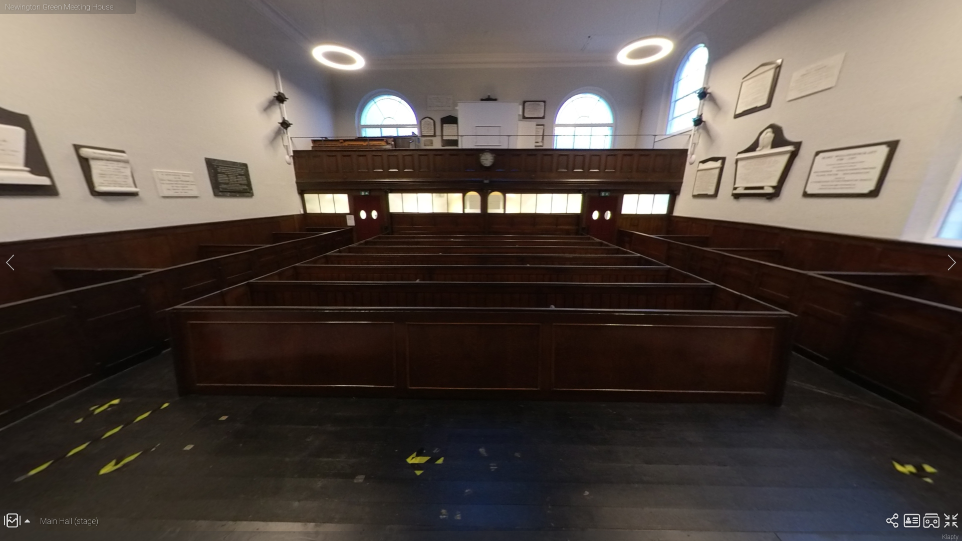 Historic Main Hall in Newington Green Meeting House, ideal for intimate gatherings and lectures.