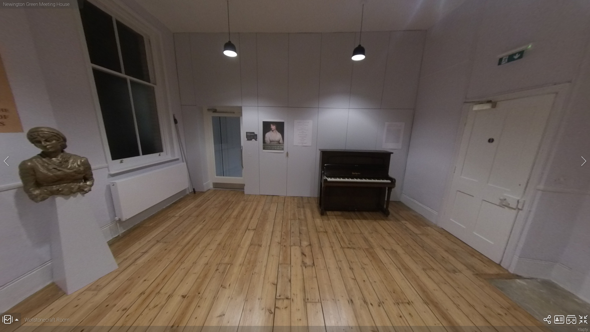 Wollstonecraft Room: versatile event space with piano, ideal for gatherings and workshops.