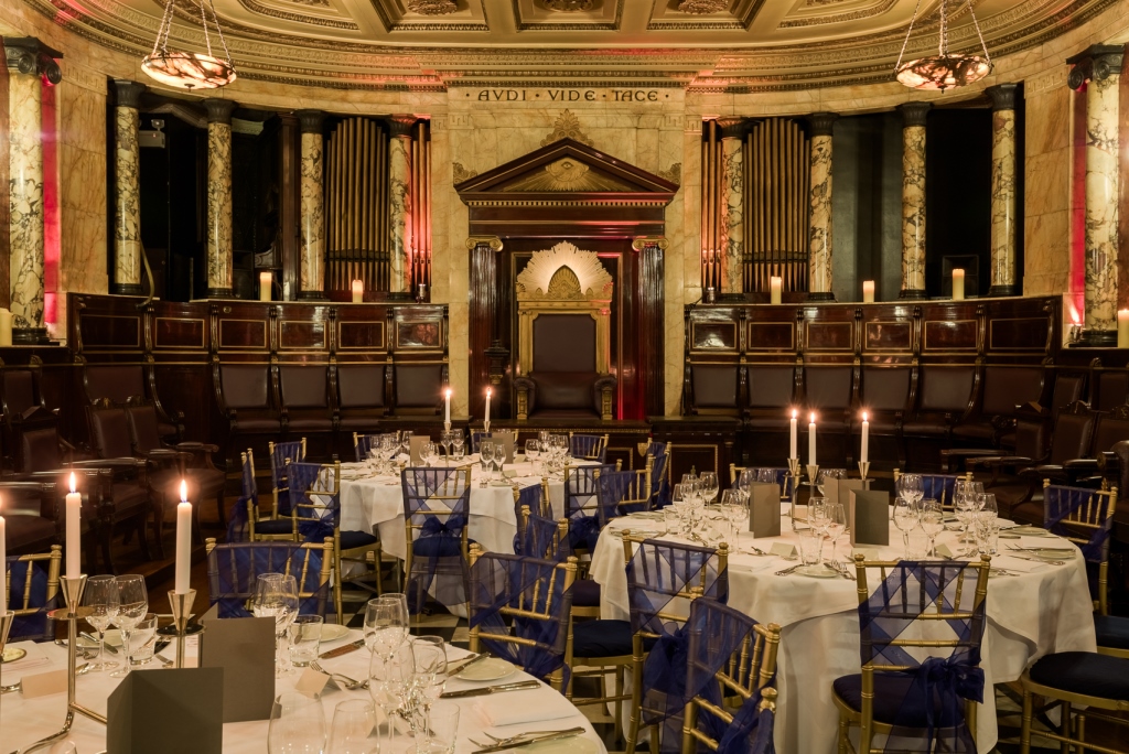 Elegant Masonic Temple dinner setup for upscale corporate events in London.