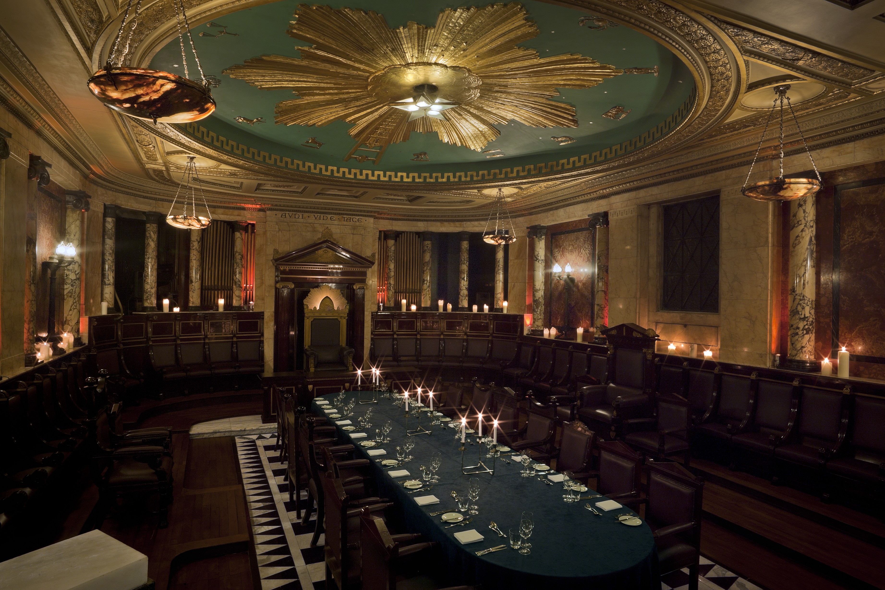 Elegant Masonic Temple meeting space with grand ceiling, ideal for events and gatherings.
