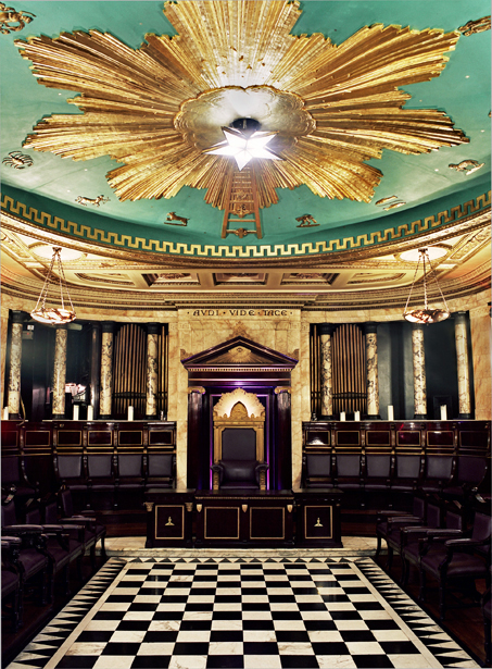 Luxurious Masonic Temple meeting space with ornate ceiling for corporate events.