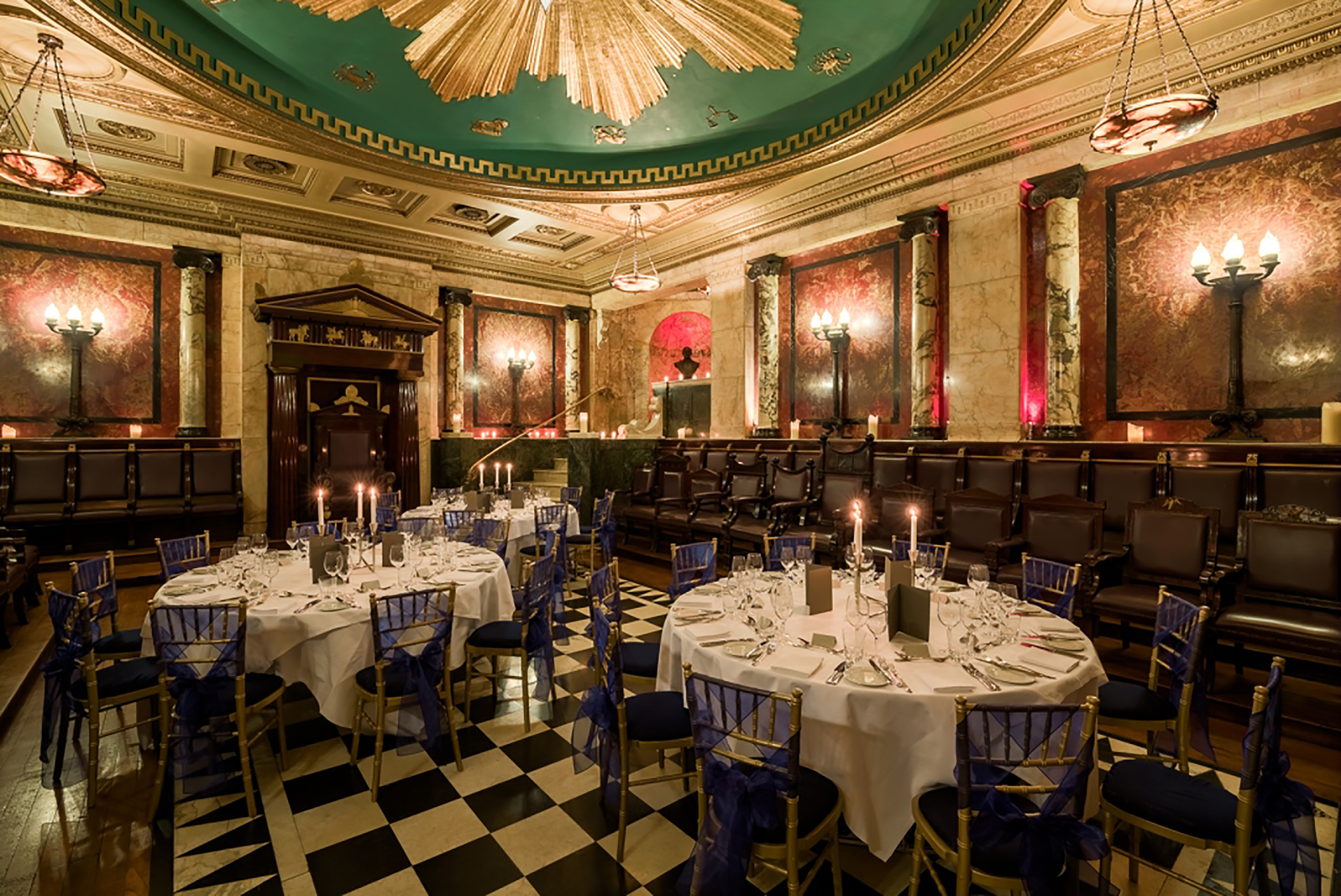 Elegant dining room at Masonic Temple, ideal for upscale events and gala dinners.