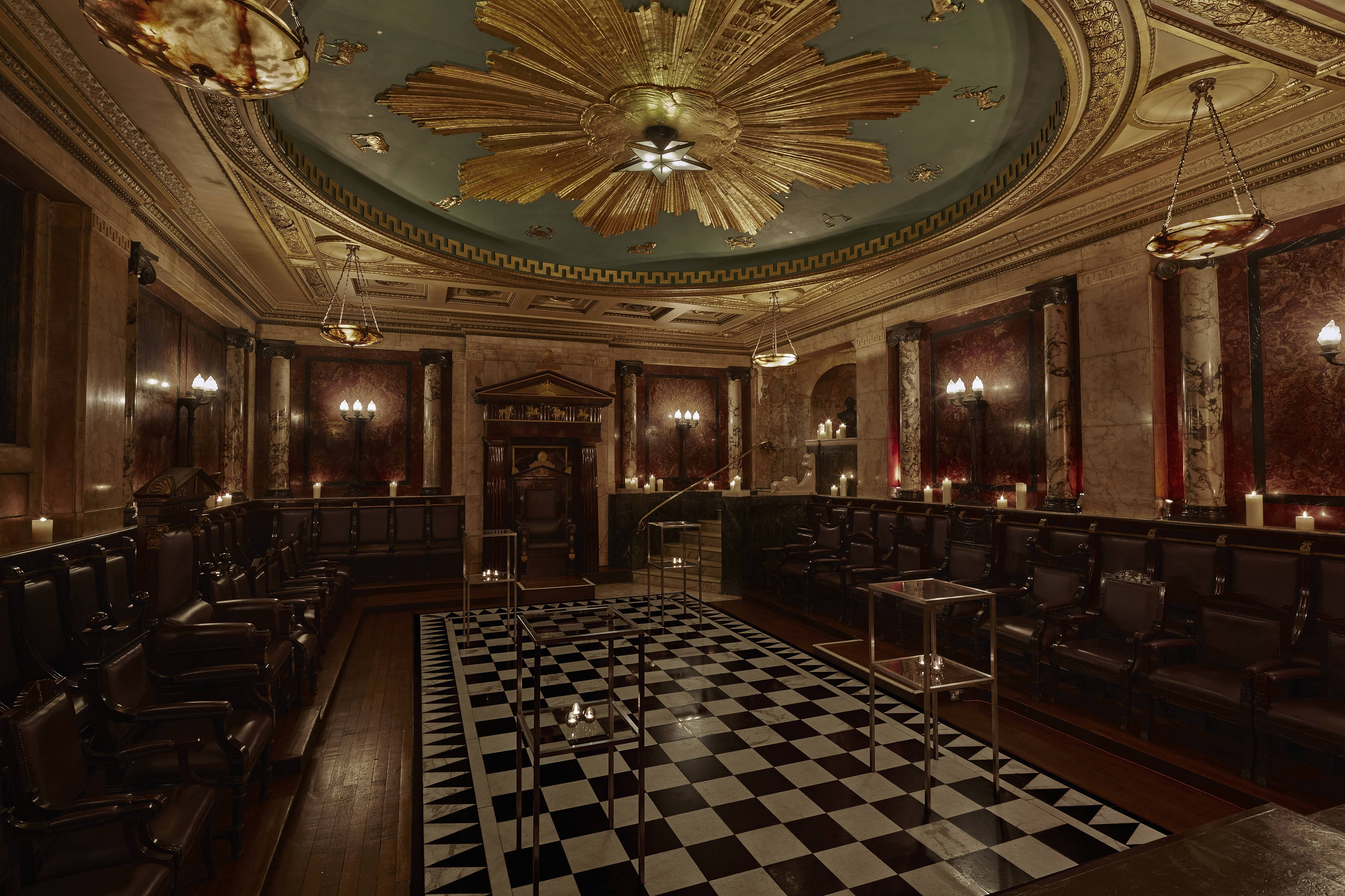 Masonic Temple at Andaz London: ornate ceiling, ideal for exclusive events and gatherings.