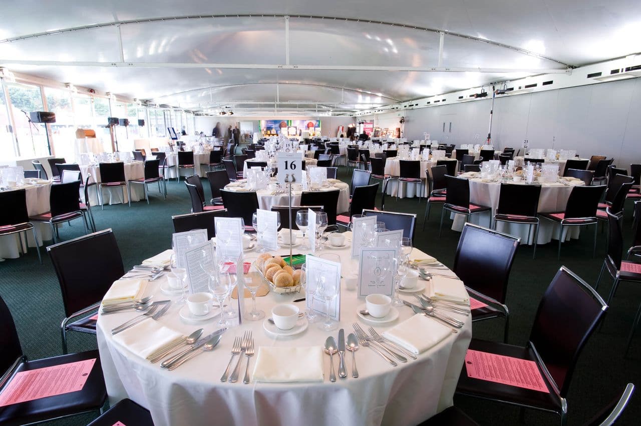 Elegant dining setup at Nursery Pavilion, Lord's Cricket Ground for corporate events and weddings.