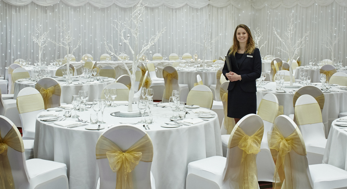 Elegant banquet hall at Leeds Marriott Hotel, ideal for weddings and formal events.