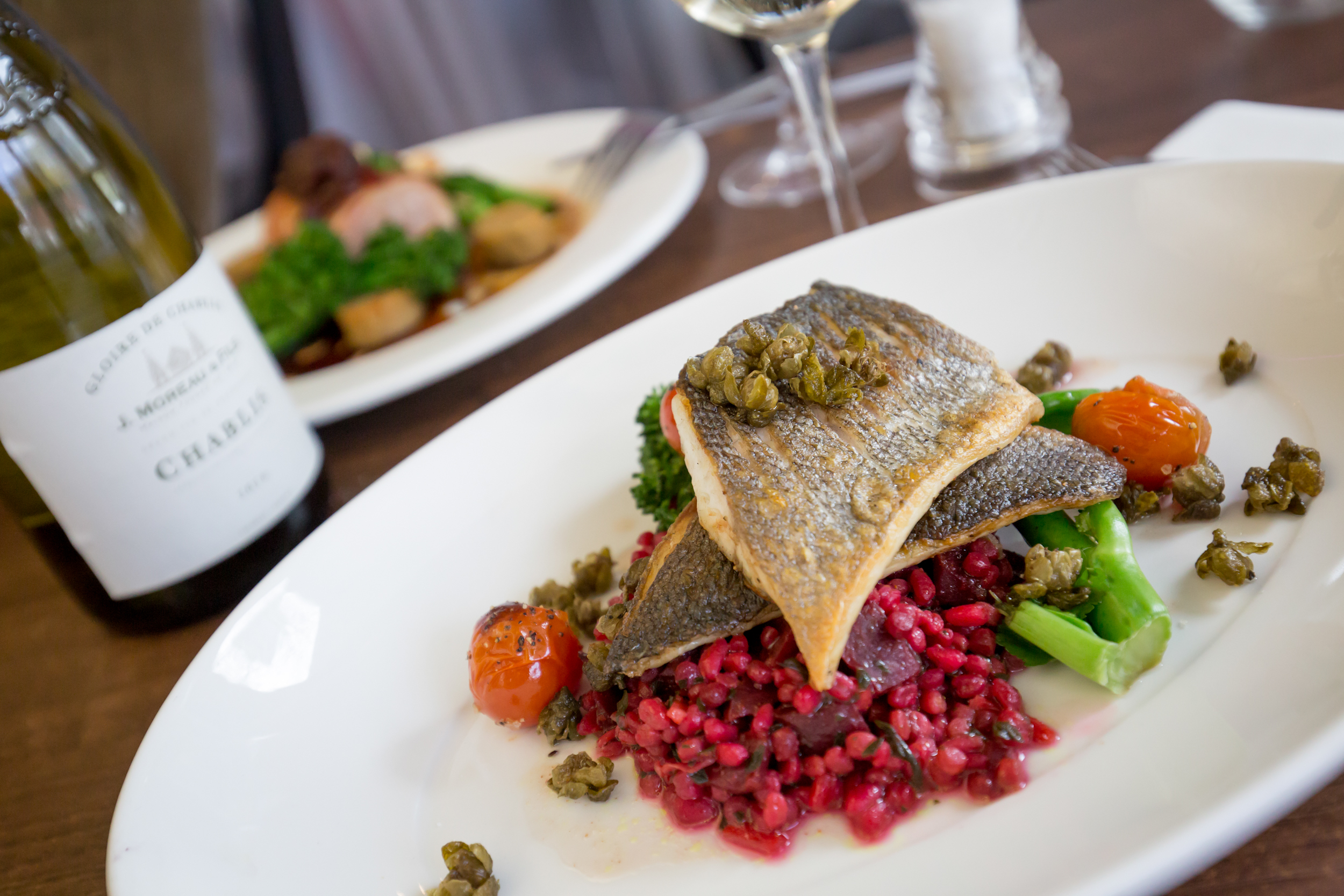 Seared fish dish with beetroot at Exchange Restaurant, Hilton Liverpool for fine dining events.