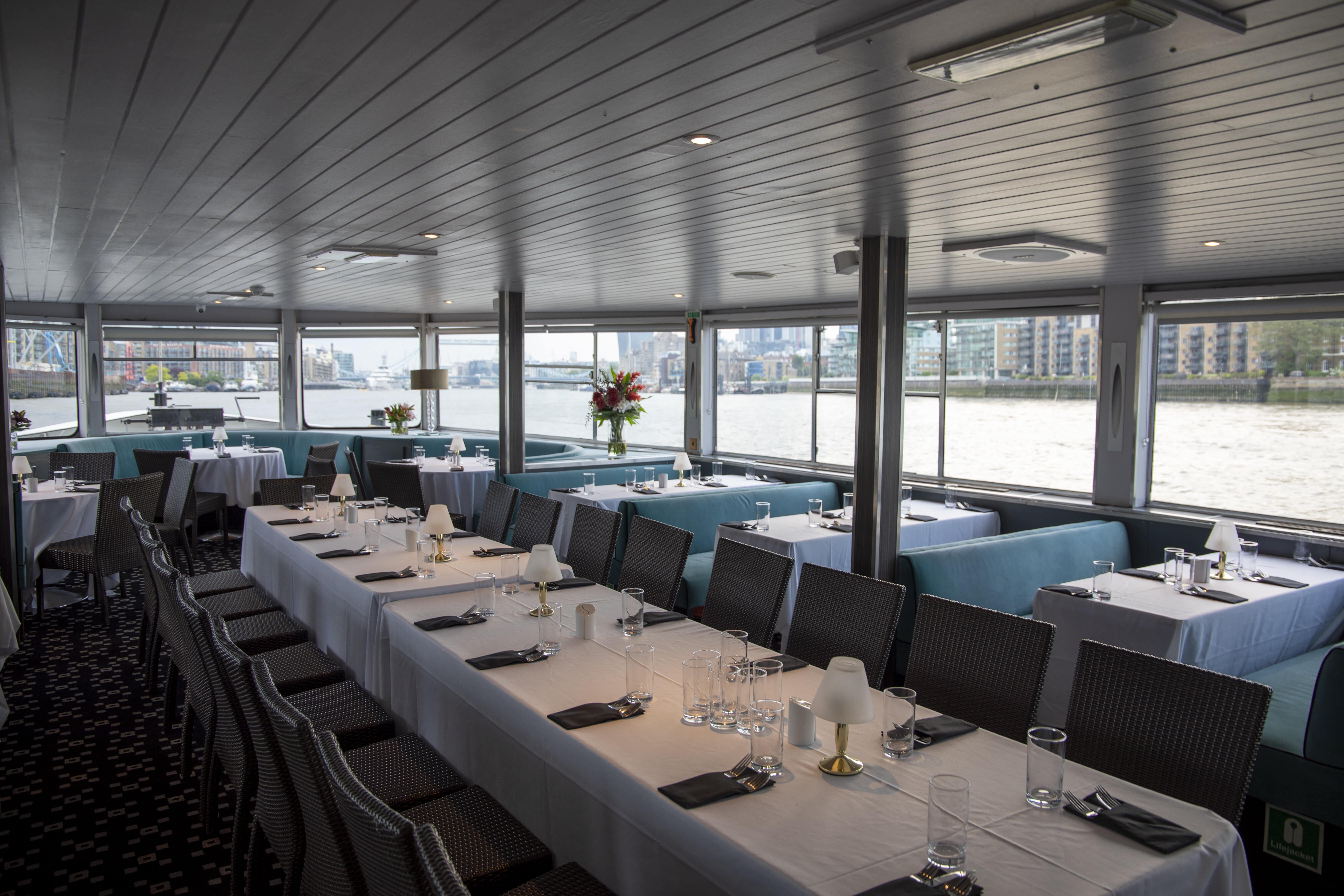 Elegant dining area on M.V. Erasmus, perfect for corporate events and private gatherings.