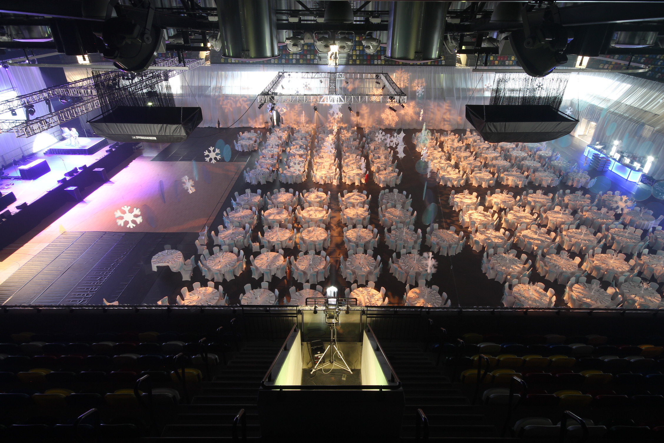 Main Arena in Copper Box: elegant tables set for a formal gala or corporate event.