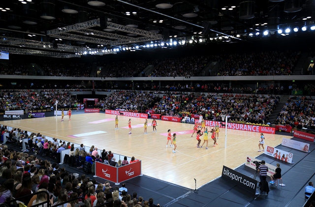 Copper Box Arena netball match with enthusiastic crowd, ideal for events and gatherings.