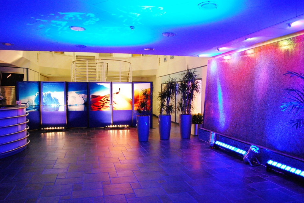 Foyer and Atrium at The Ark Conference Centre, vibrant lighting for events and receptions.