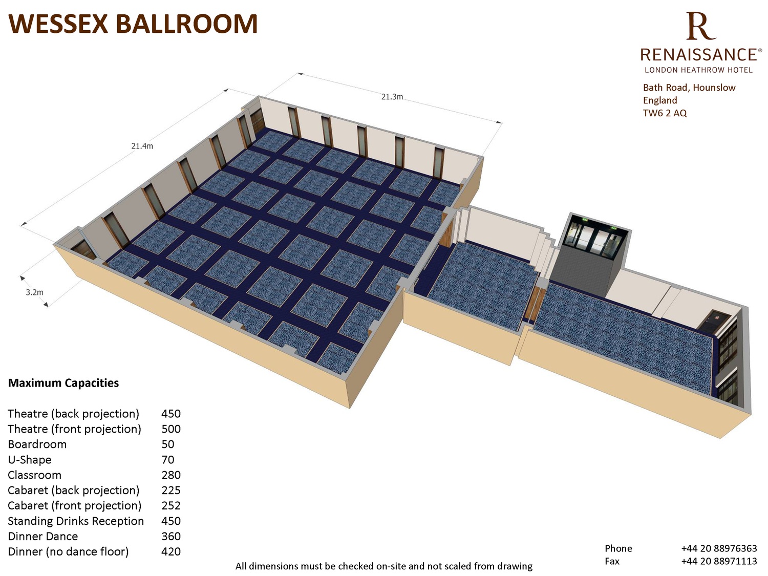 Wessex Ballroom floor plan at Renaissance London Heathrow for event planning and seating arrangements.
