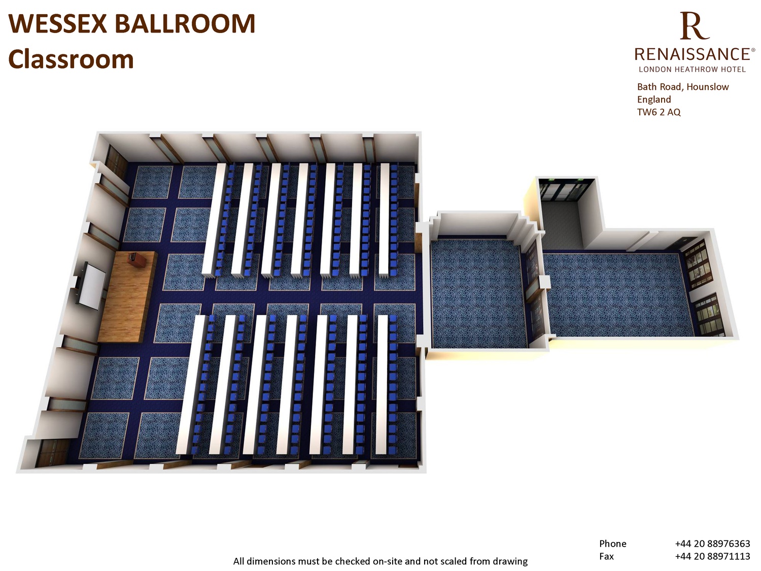 Wessex Ballroom classroom layout for meetings and workshops at Renaissance London Heathrow Hotel.