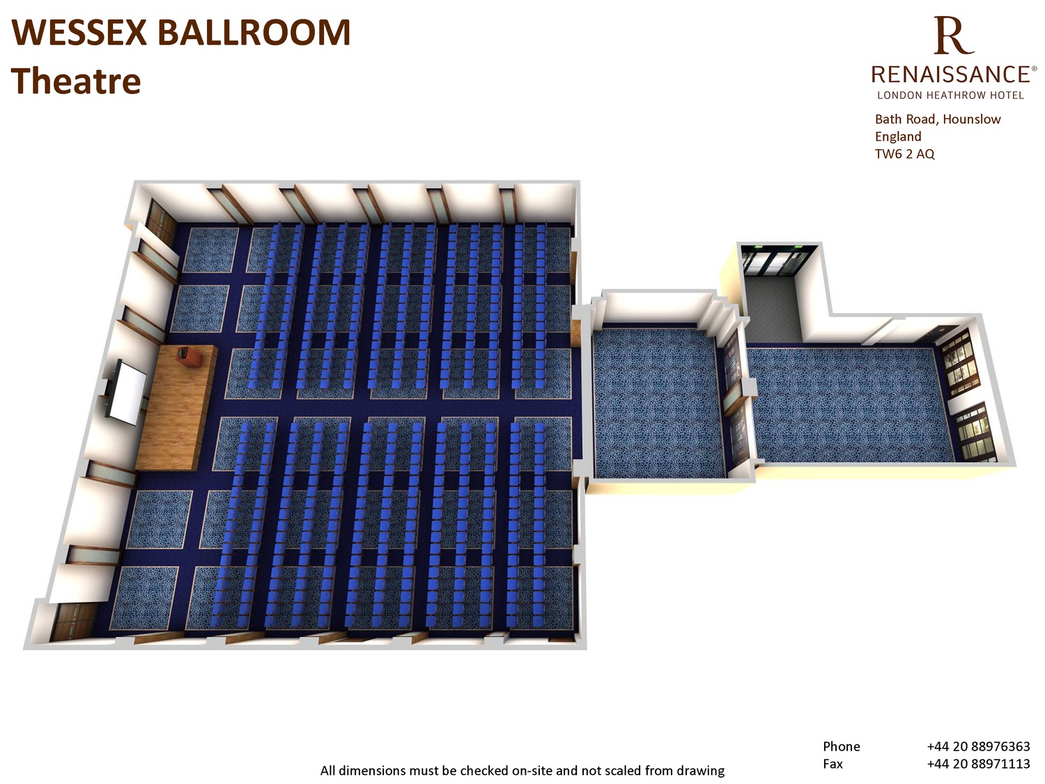 Wessex Ballroom at Renaissance London Heathrow, theater-style layout for events and presentations.