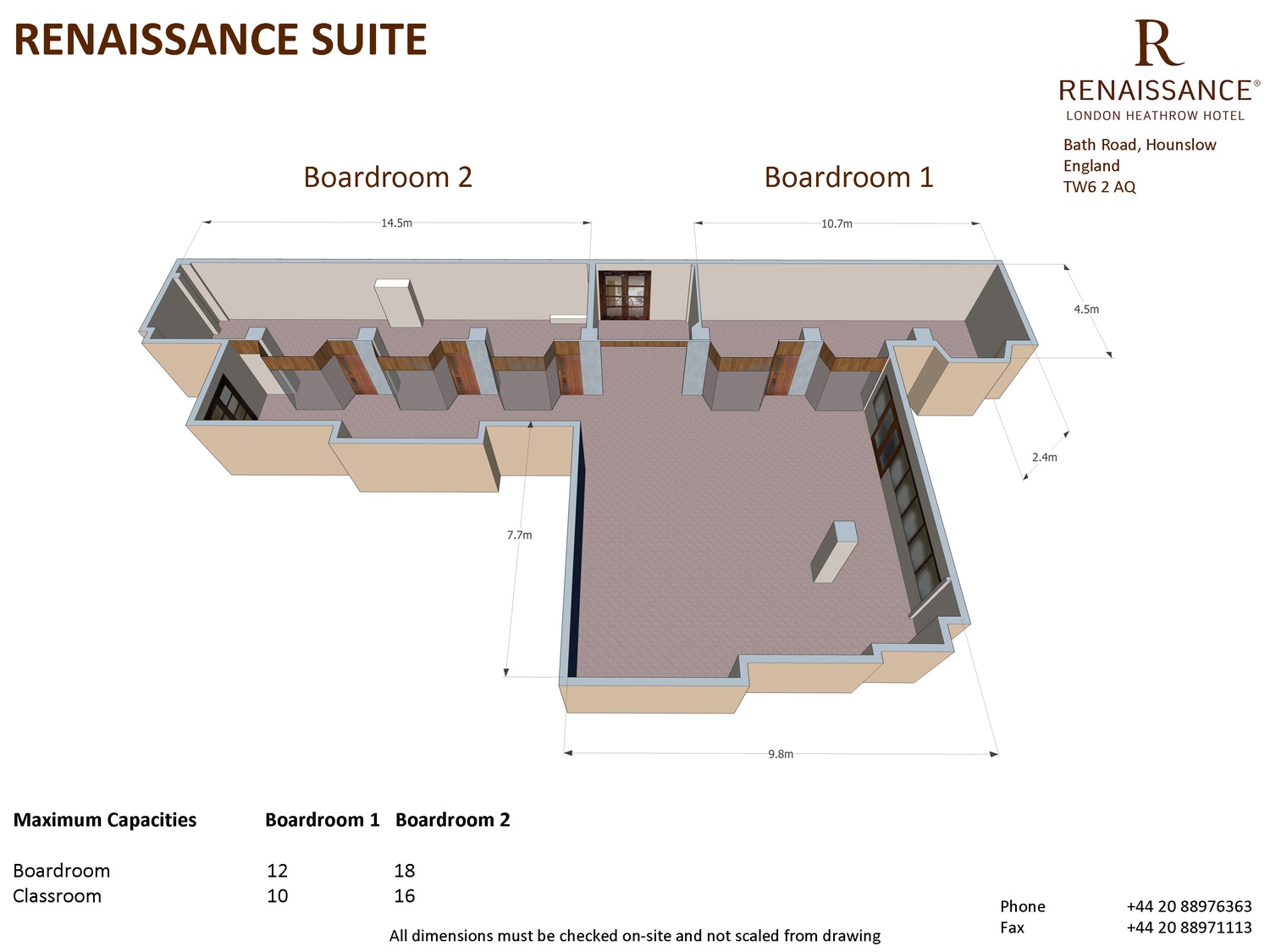 Renaissance London Heathrow Boardroom 1 floor plan for corporate meetings and conferences.