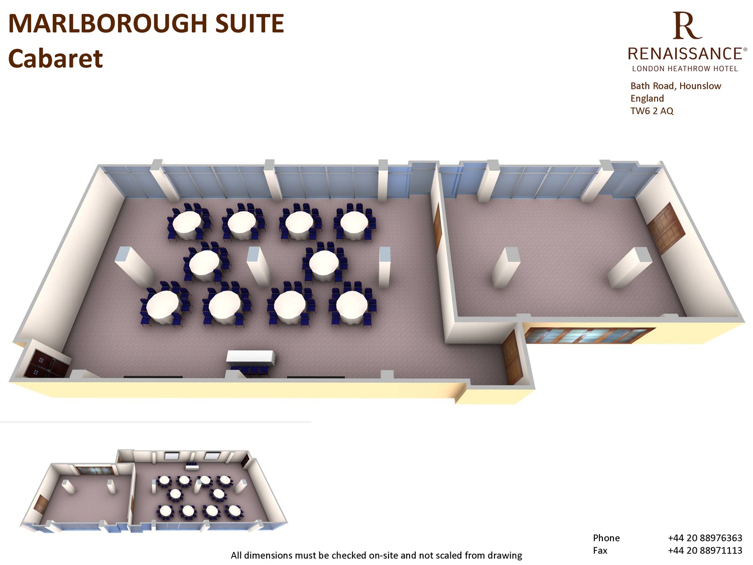Marlborough Suite cabaret layout, ideal for workshops and networking at Renaissance Heathrow.