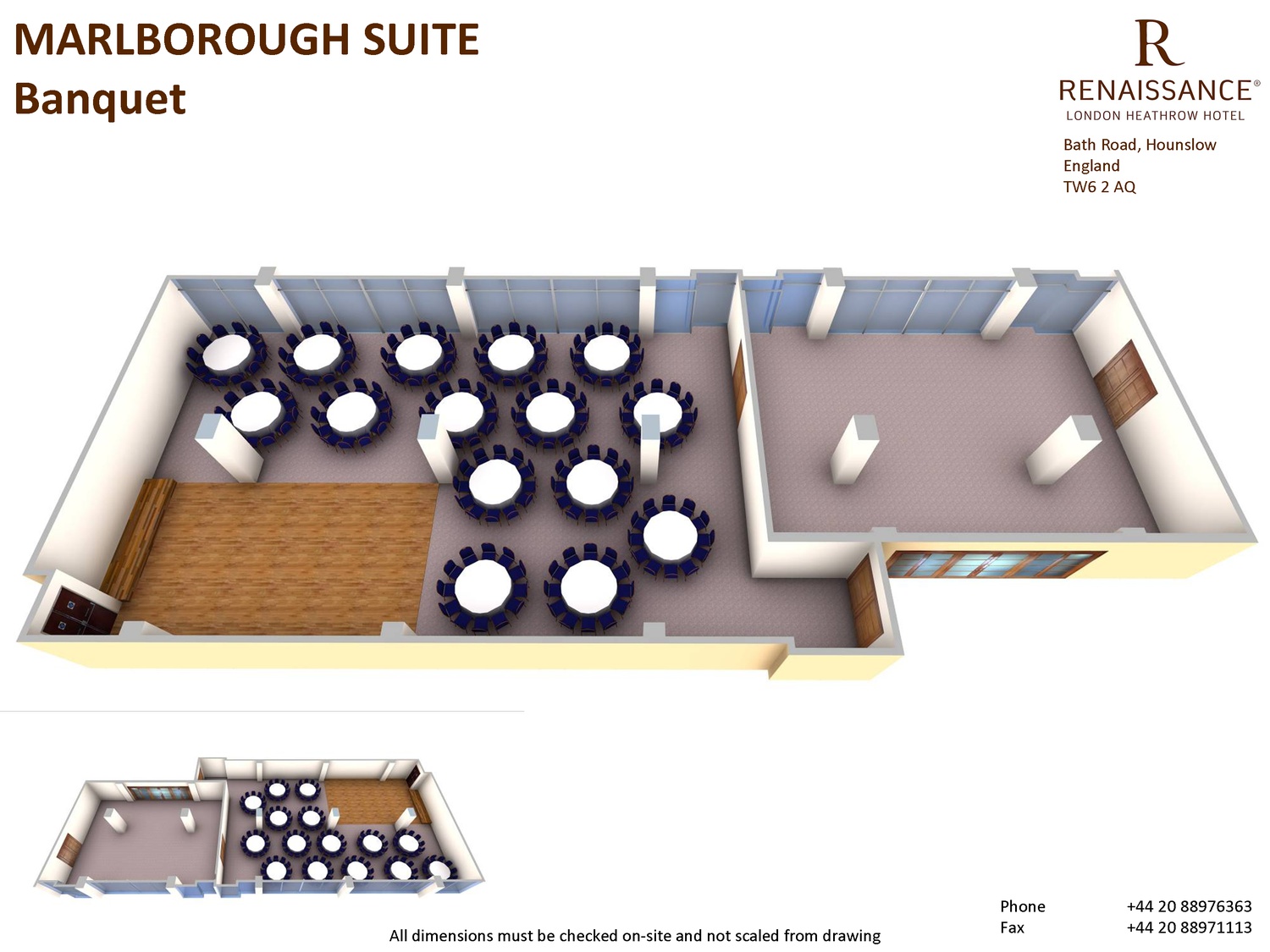 Marlborough Suite banquet layout at Renaissance London Heathrow Hotel for events.