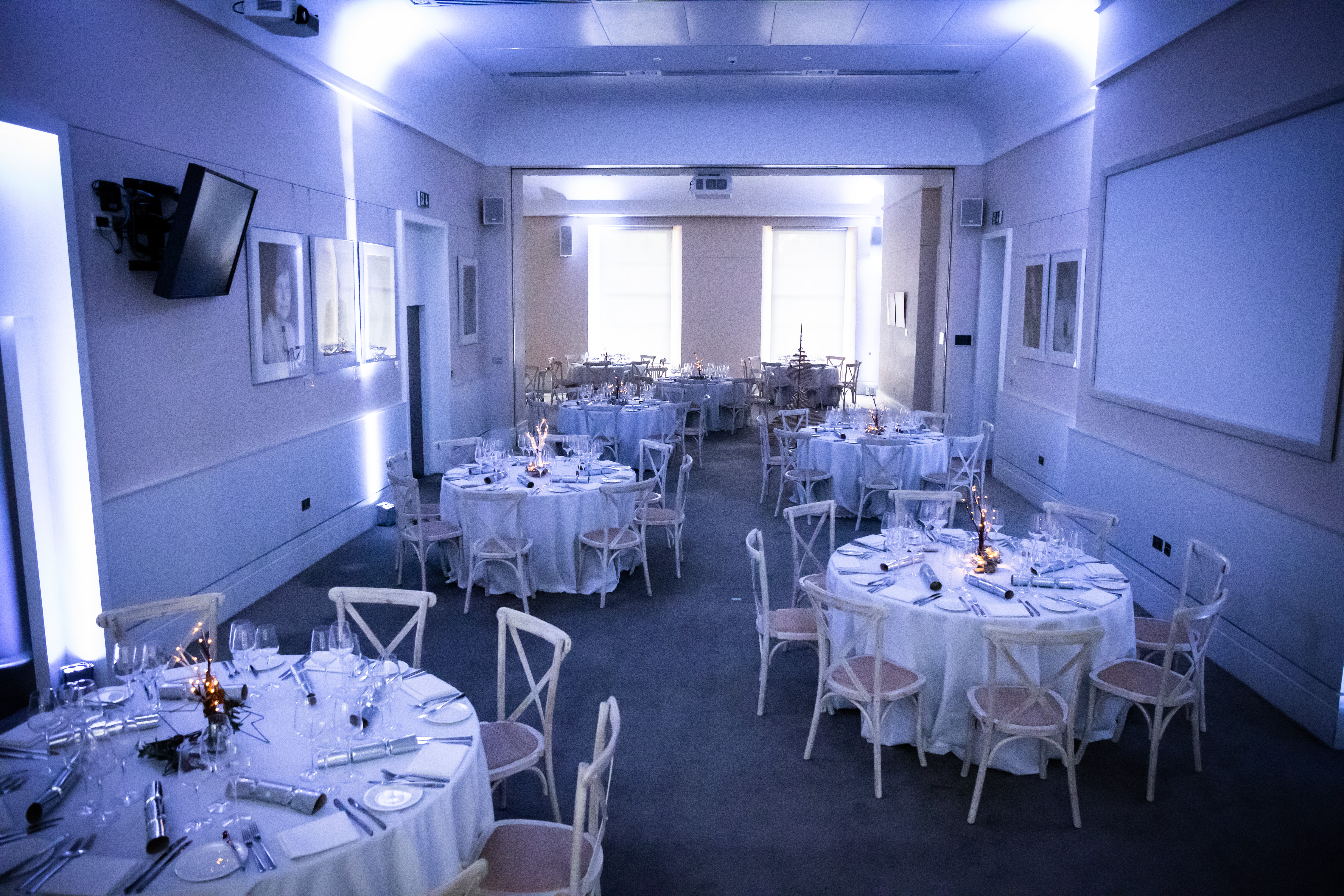 Elegant event space in Prince Philip House with round tables, ideal for weddings and corporate events.
