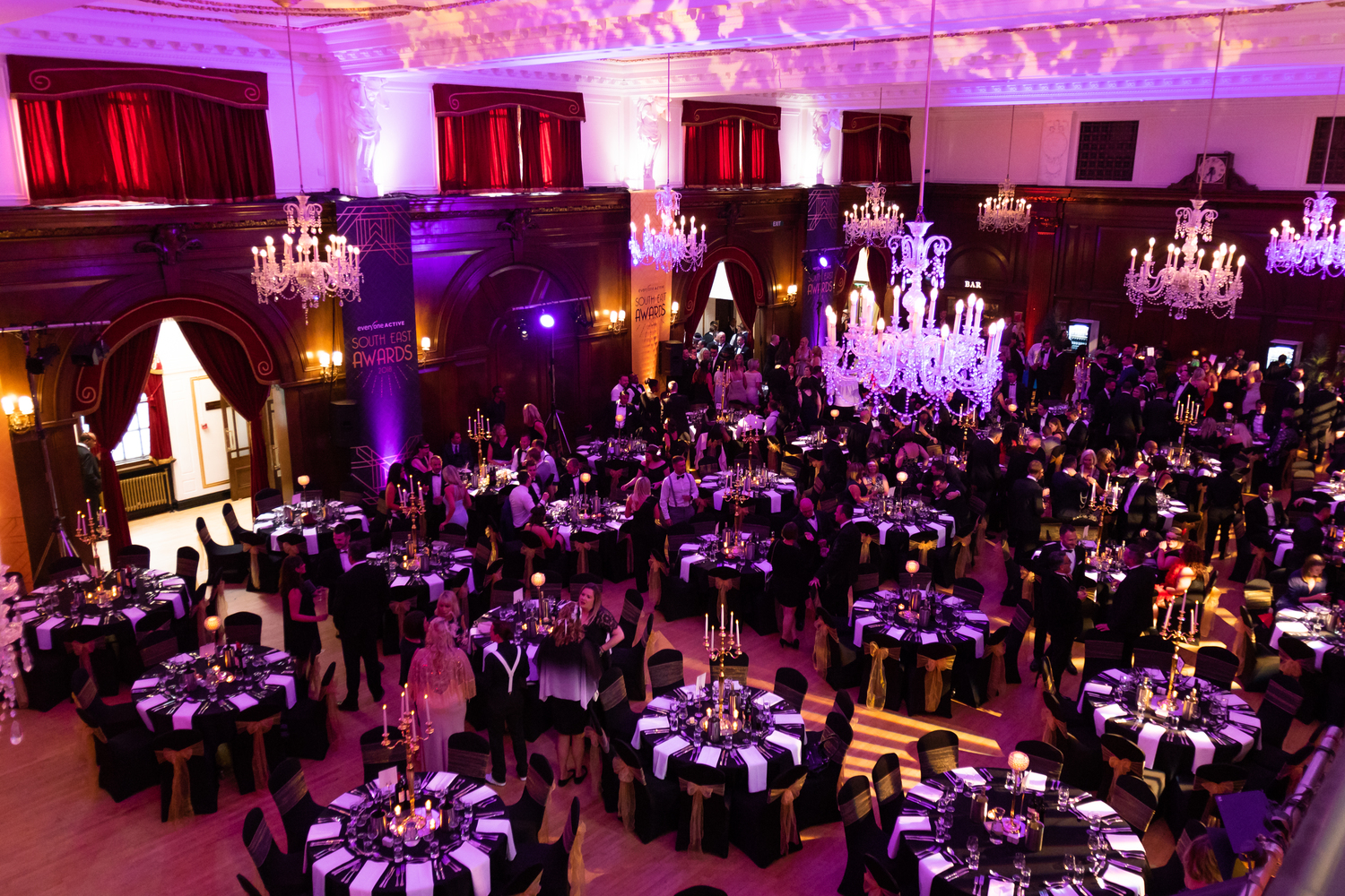 Elegant Porchester Hall Main Hall with round tables, perfect for galas and corporate events.