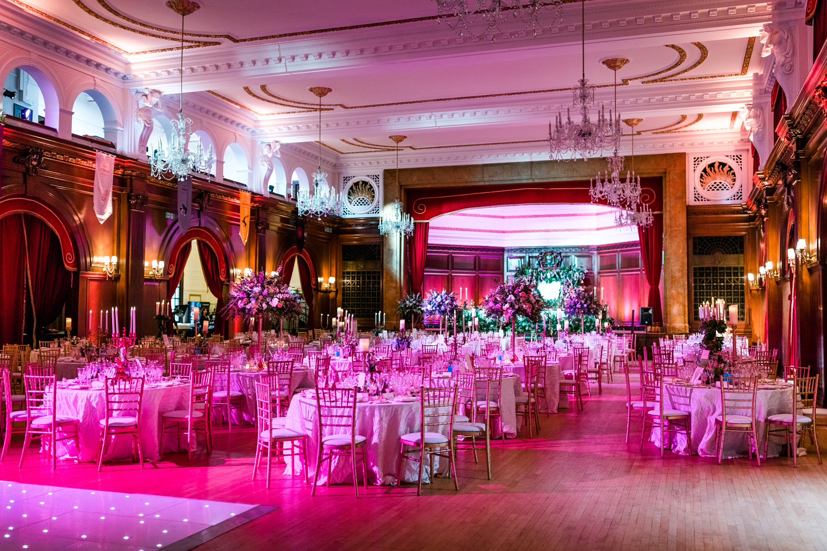 Elegant Porchester Hall Main Hall set for weddings with floral centerpieces and soft lighting.