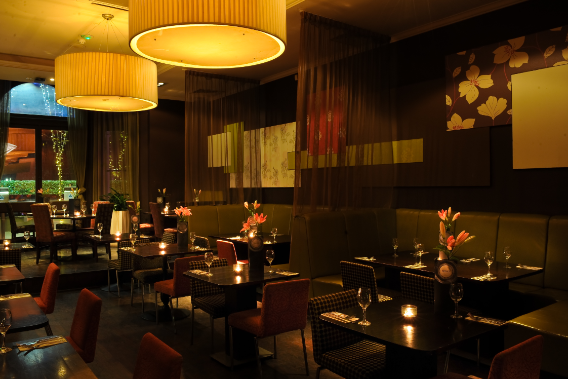 Sophisticated Ruby Blue restaurant with elegant decor for intimate gatherings and events.