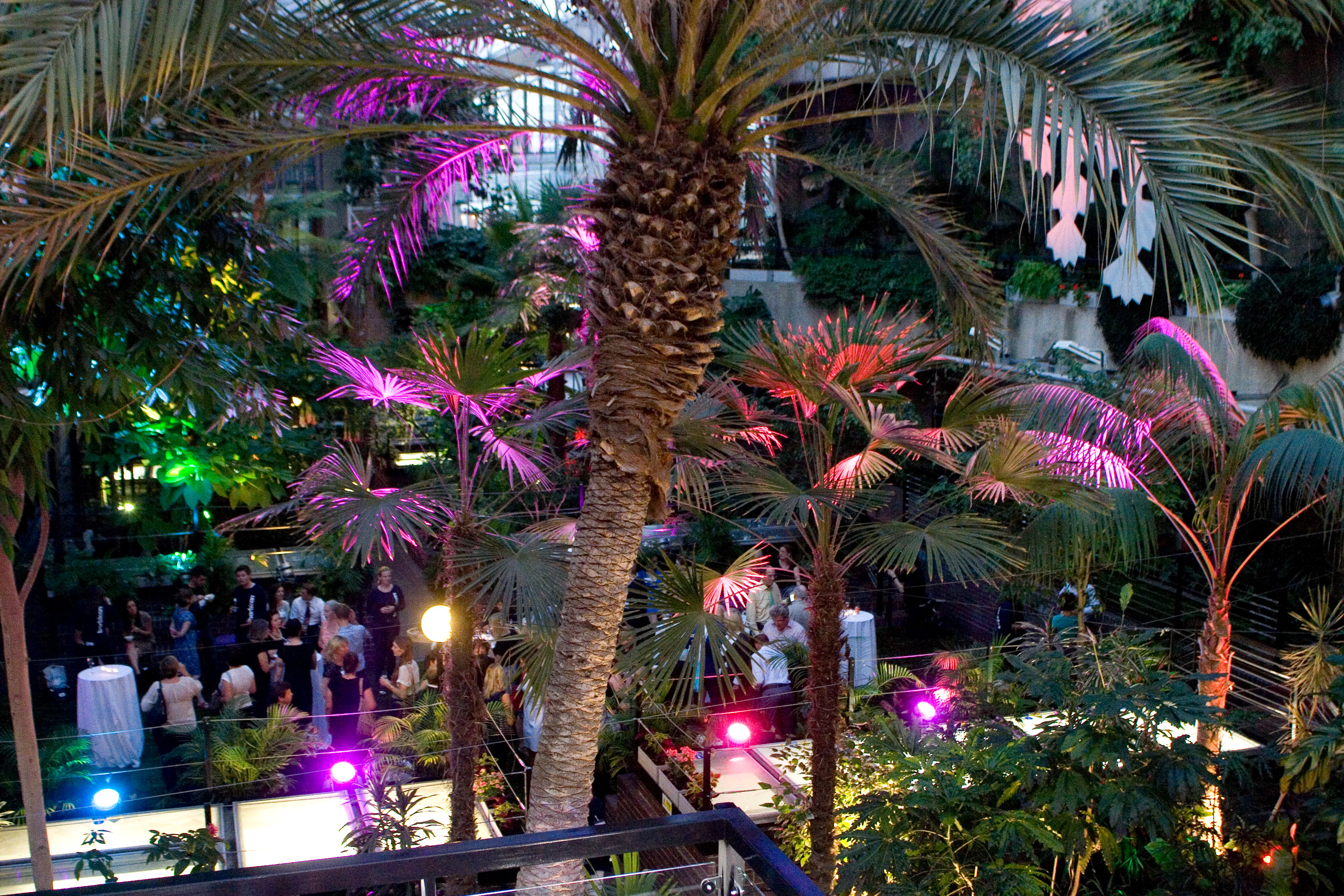 Vibrant Barbican Conservatory event space with lush greenery and colorful lighting.