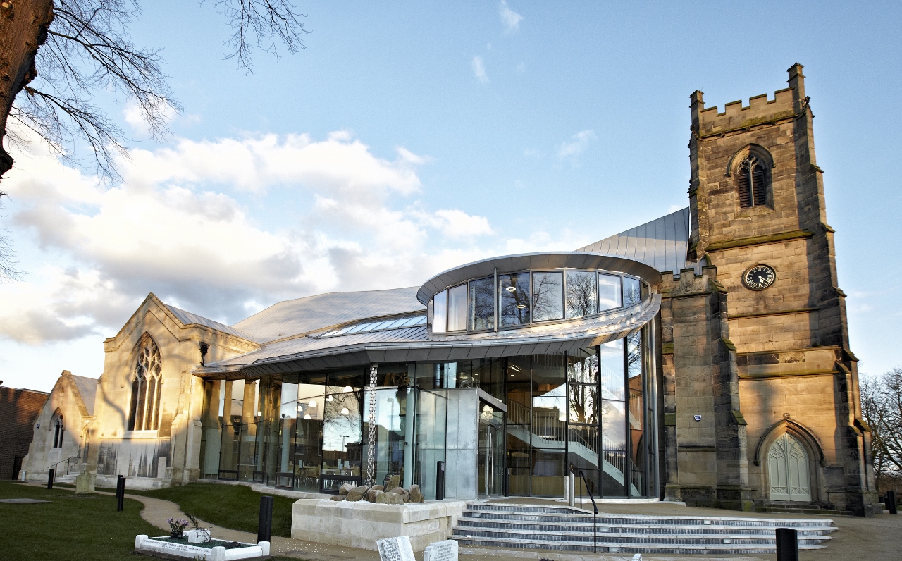 St Barnabas Church Centre Lighthouse, modern glass extension, ideal for weddings and events.