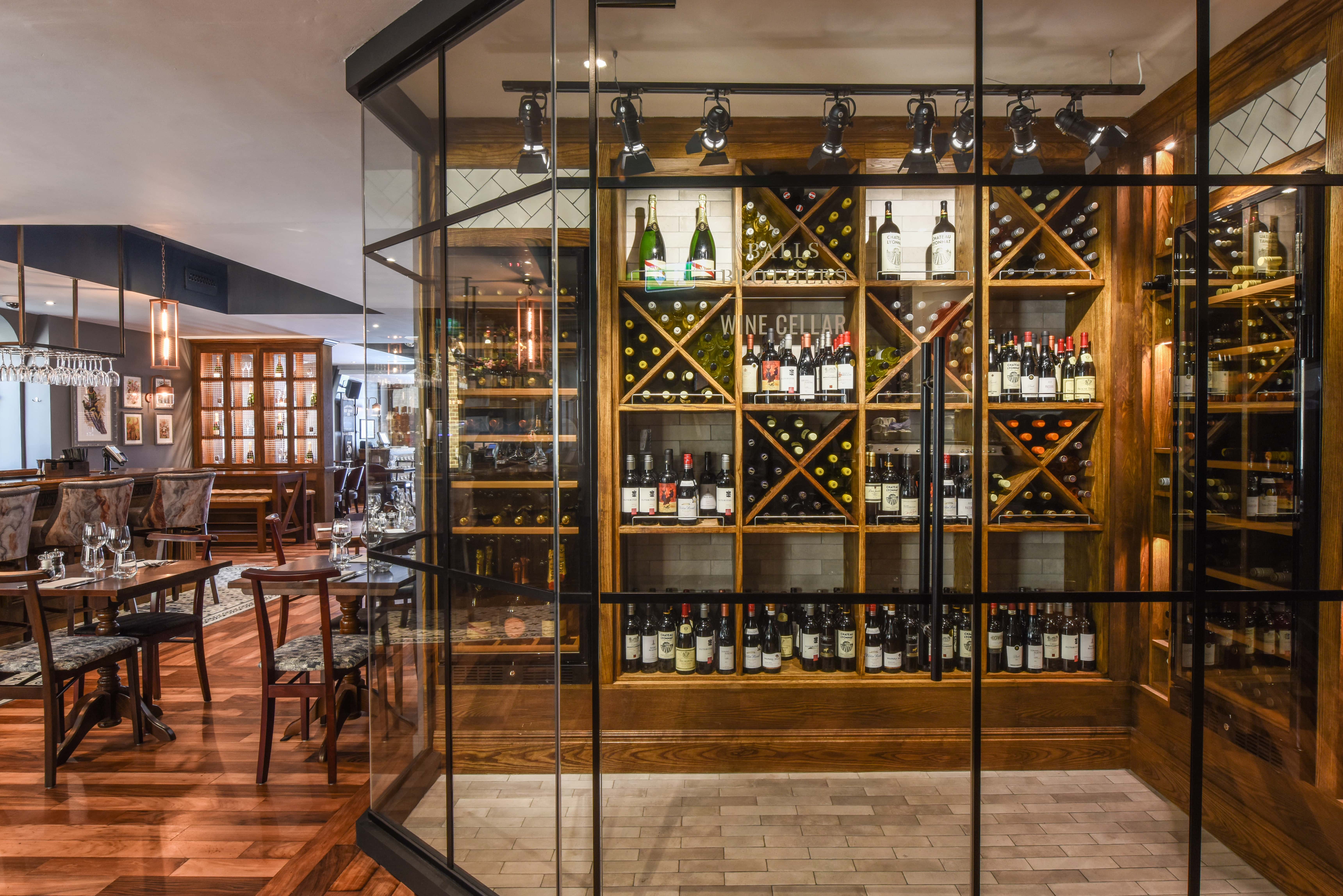 Elegant wine display in upscale dining setting for events and receptions.