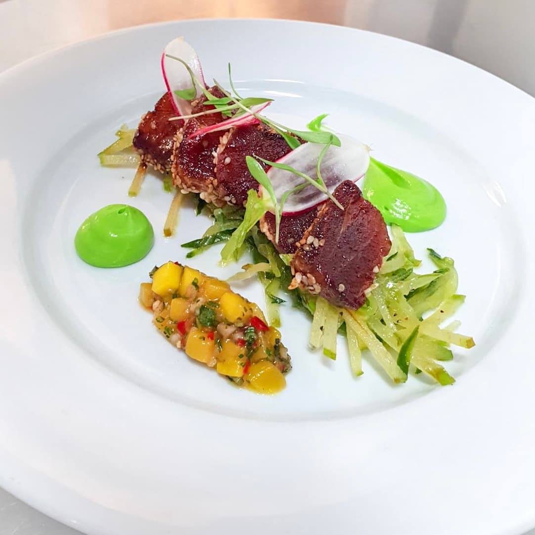 Gourmet plated dish for luxury catering and upscale wedding menu presentation.
