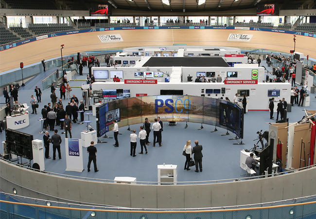 "Lee Valley VeloPark exhibition with booths, showcasing innovation and collaboration."