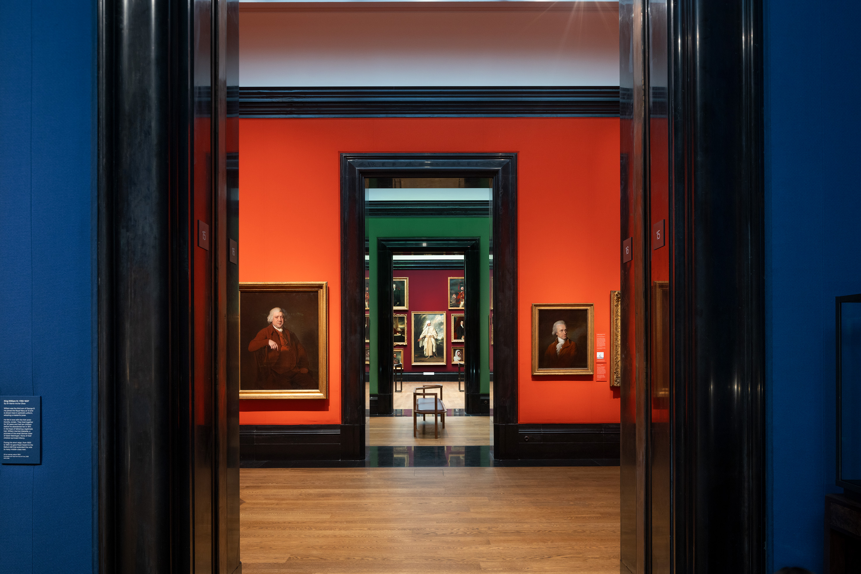 Vibrant National Portrait Gallery venue with red walls, perfect for events and exhibitions.