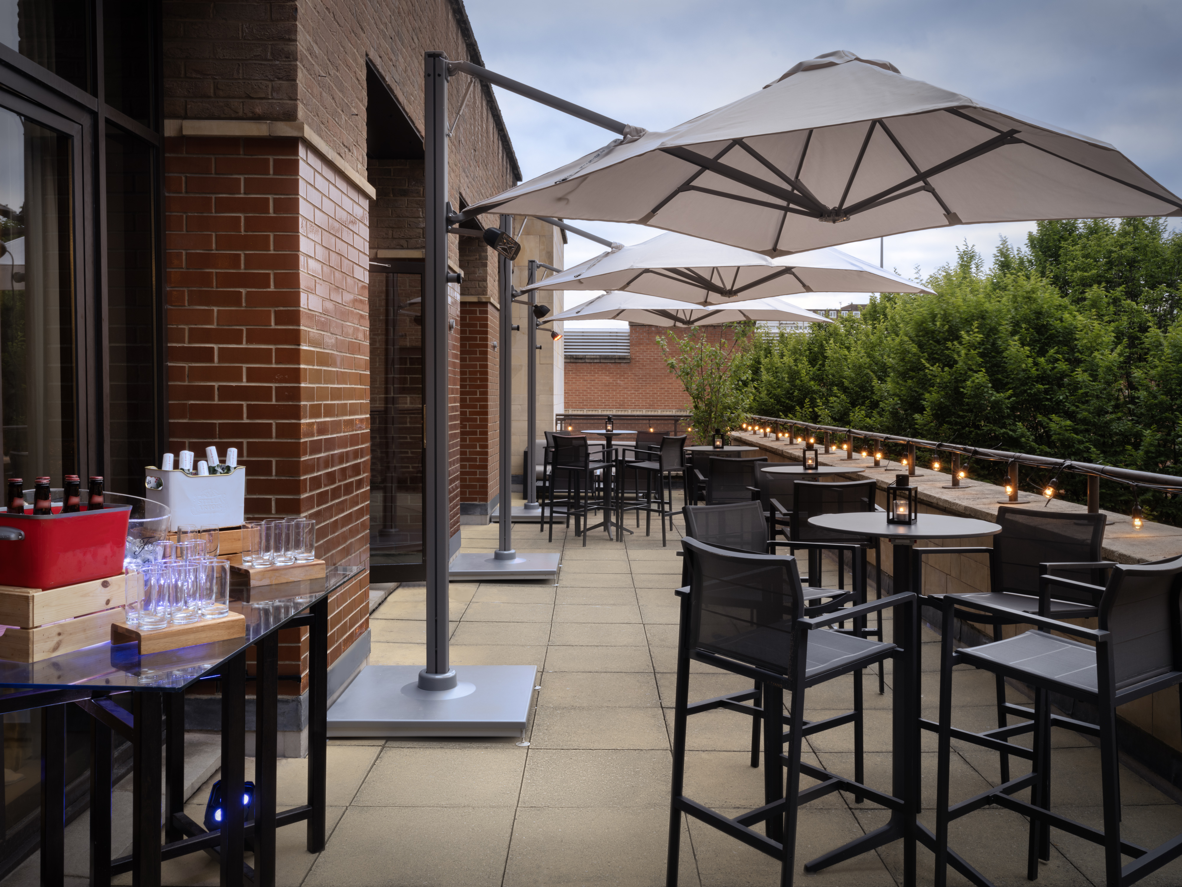 Stylish outdoor event space at Delta Hotels Liverpool, ideal for networking and cocktail hours.