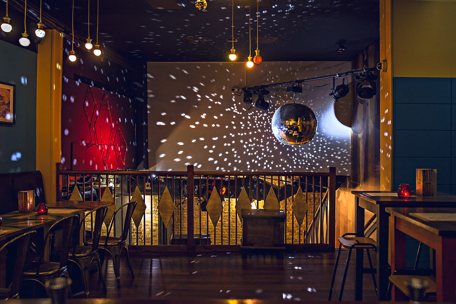 Vibrant Trapeze Bar Mezzanine with disco ball, perfect for events and gatherings.