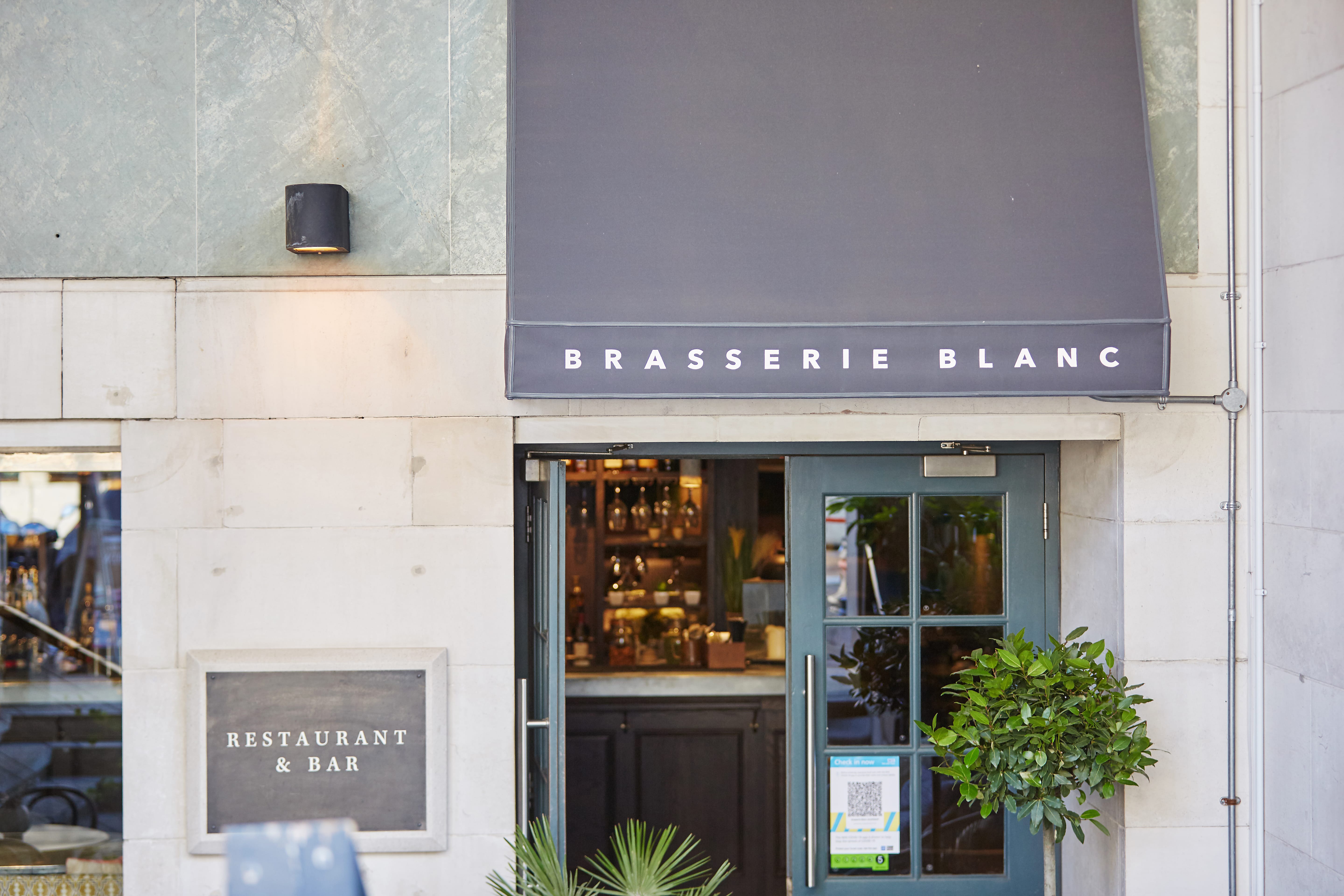 Welcoming entrance of Brasserie Blanc Southbank, ideal for meetings and events.