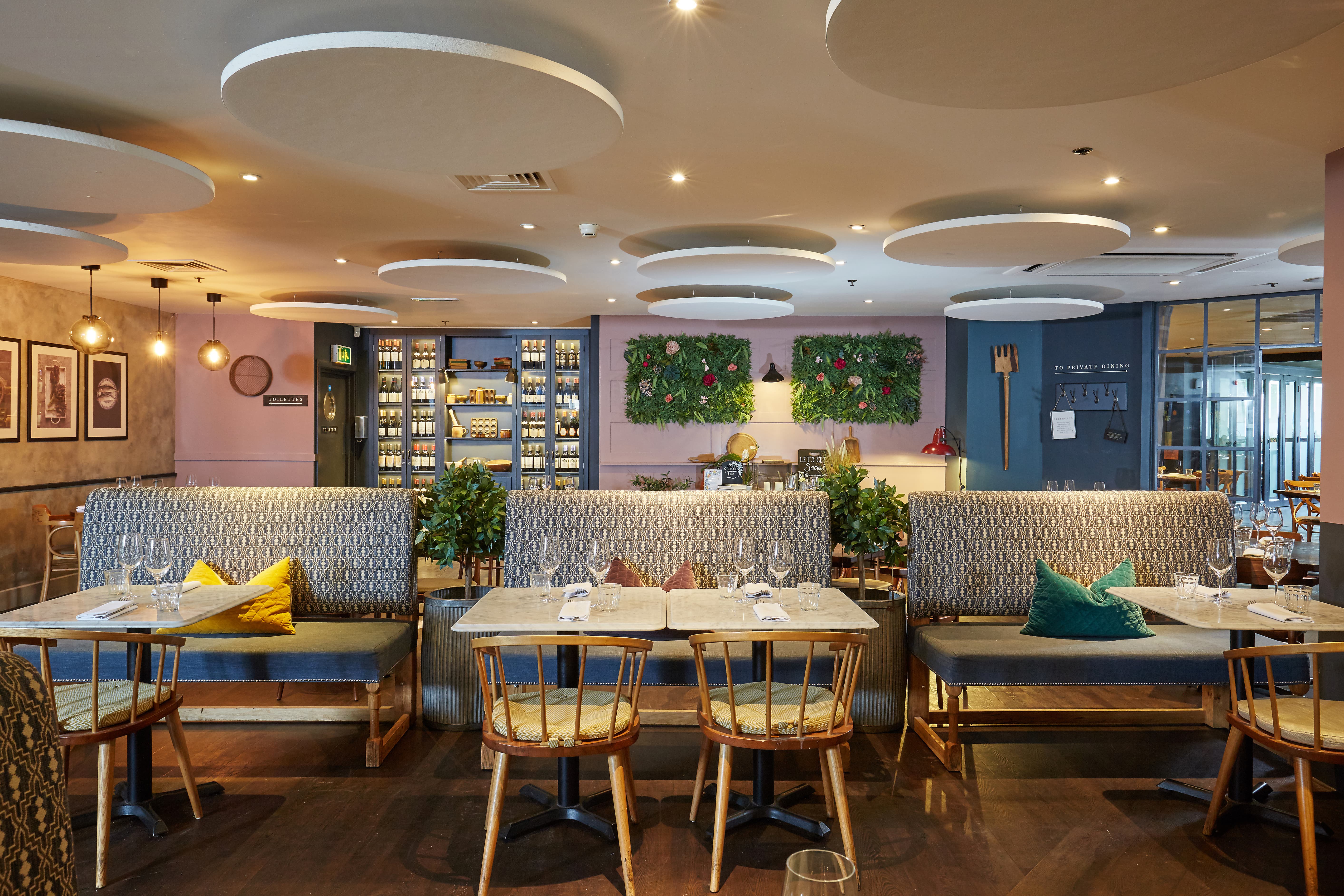 Stylish restaurant setting at Brasserie Blanc Southbank for corporate events and gatherings.