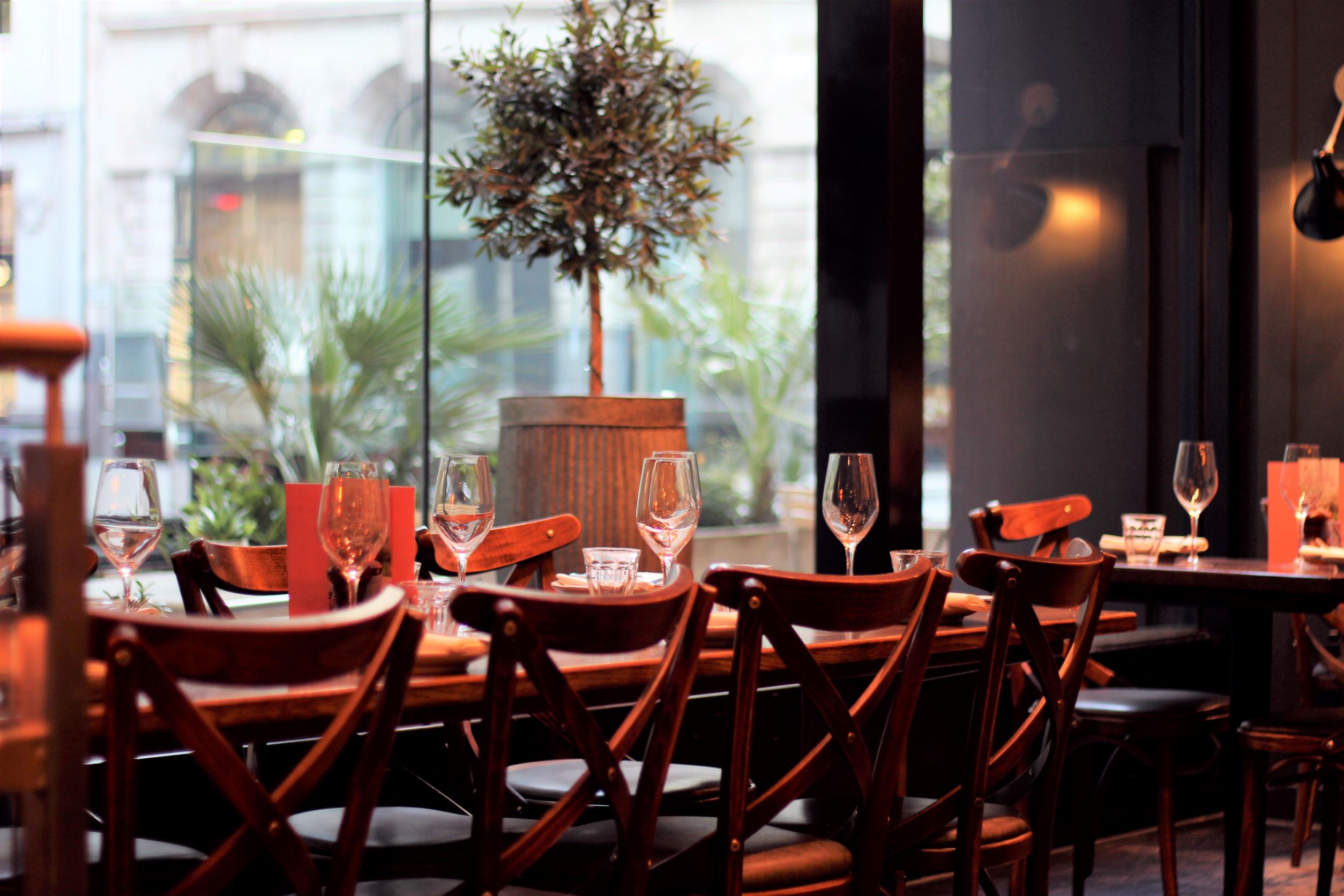 Elegant dining space at Brasserie Blanc for corporate dinners and intimate gatherings.