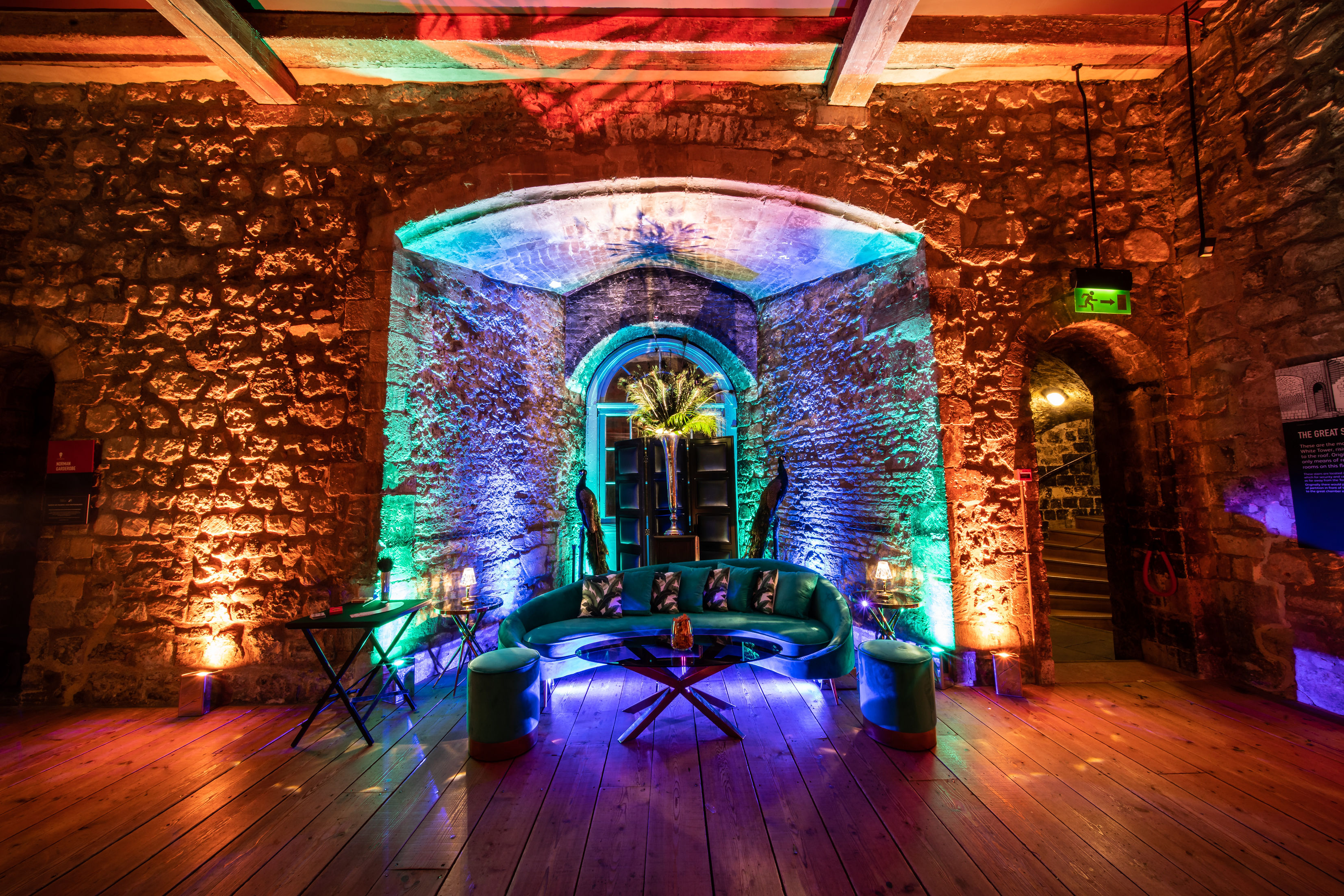 White Tower event space with cozy seating and vibrant lighting for gatherings.