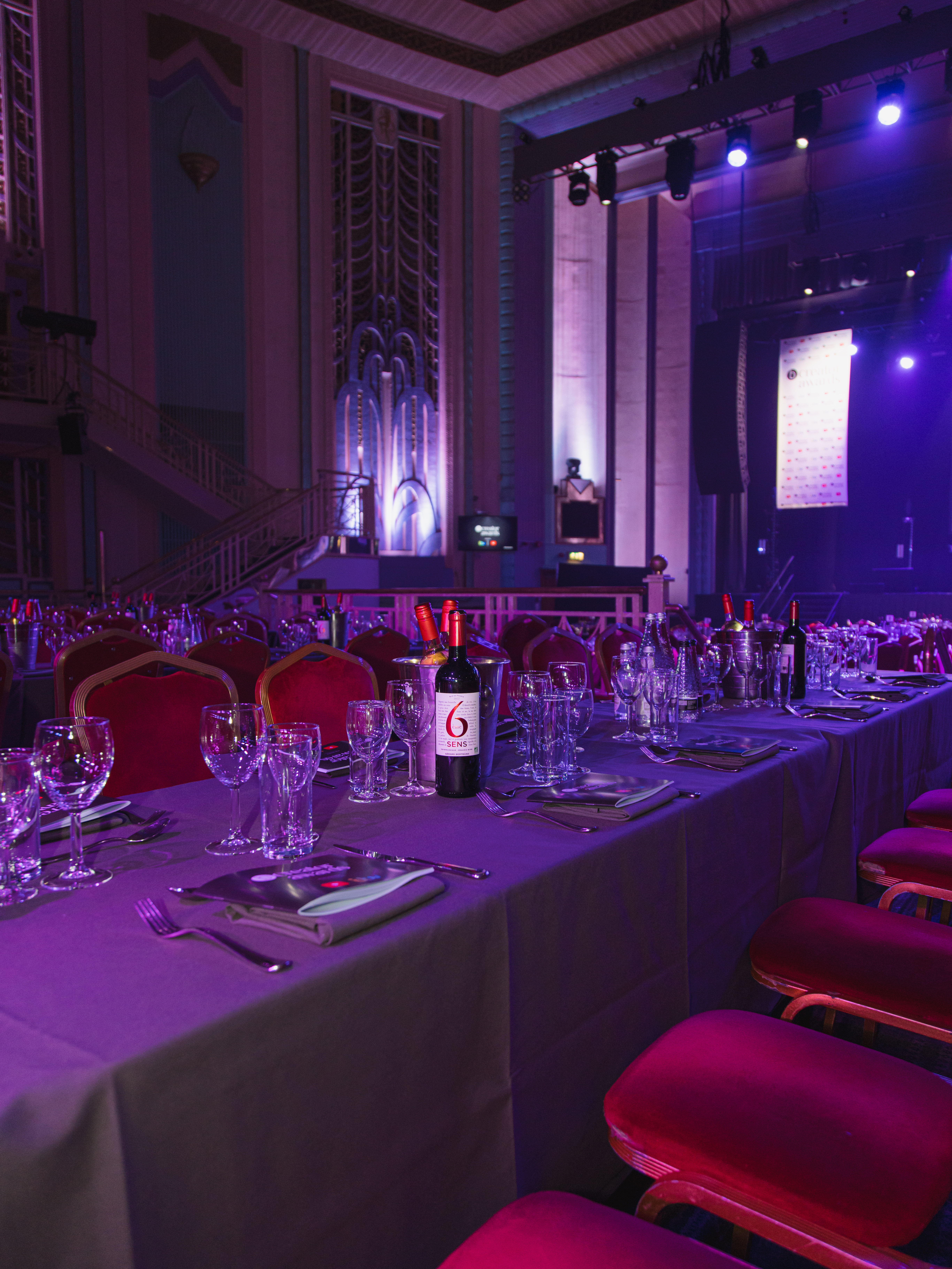 Elegant banquet table in Troxy's Grand Hall, perfect for corporate events and gala dinners.