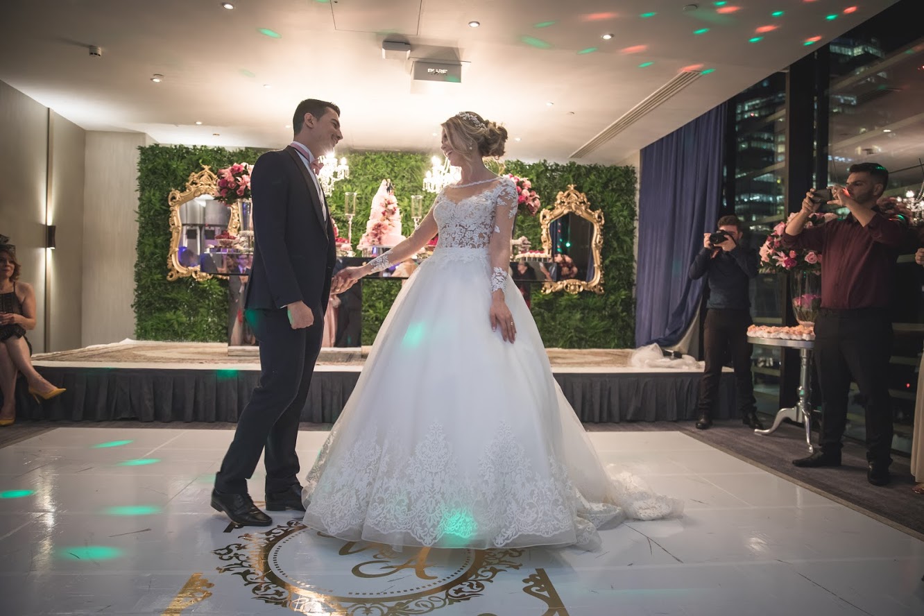 Couple's first dance at a romantic wedding reception in Hilton London Tower Bridge.