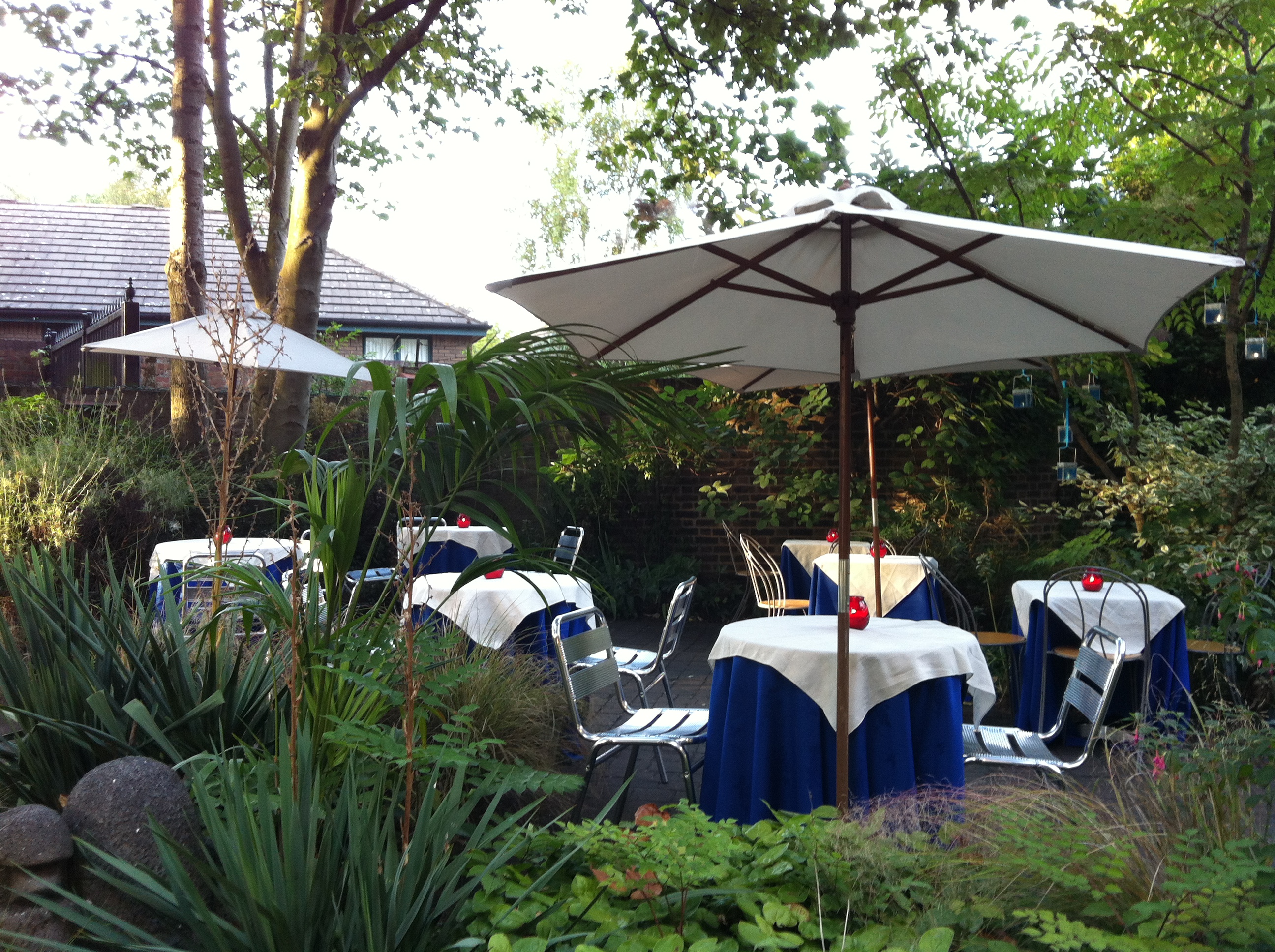 Outdoor event space with blue tablecloths, perfect for summer gatherings and networking.