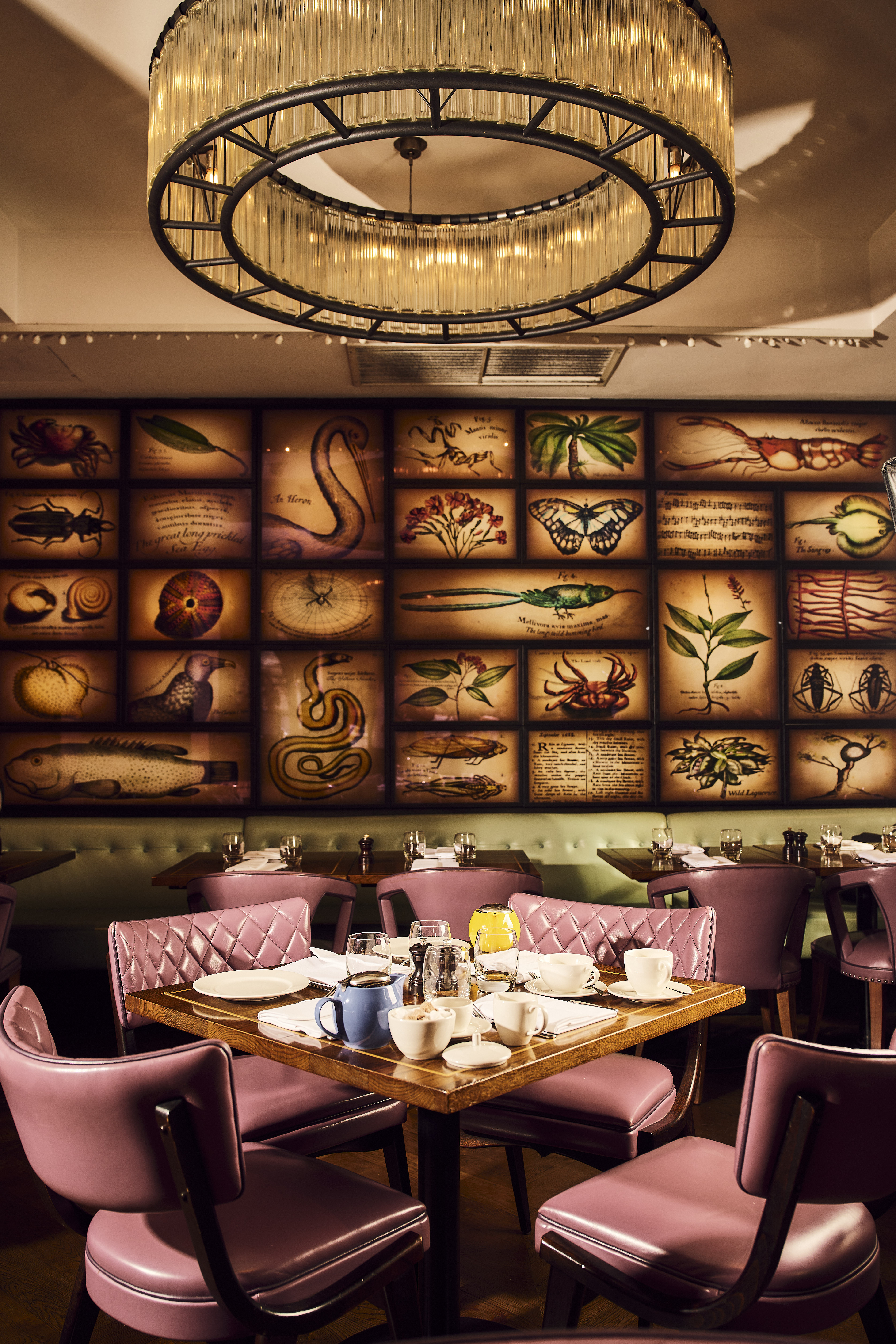 Vibrant dining room with botanical art, perfect for unique events and gatherings.