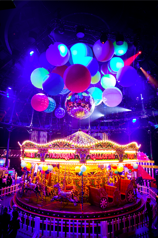 Vibrant event space with Victorian carousel, perfect for celebrations and themed events.