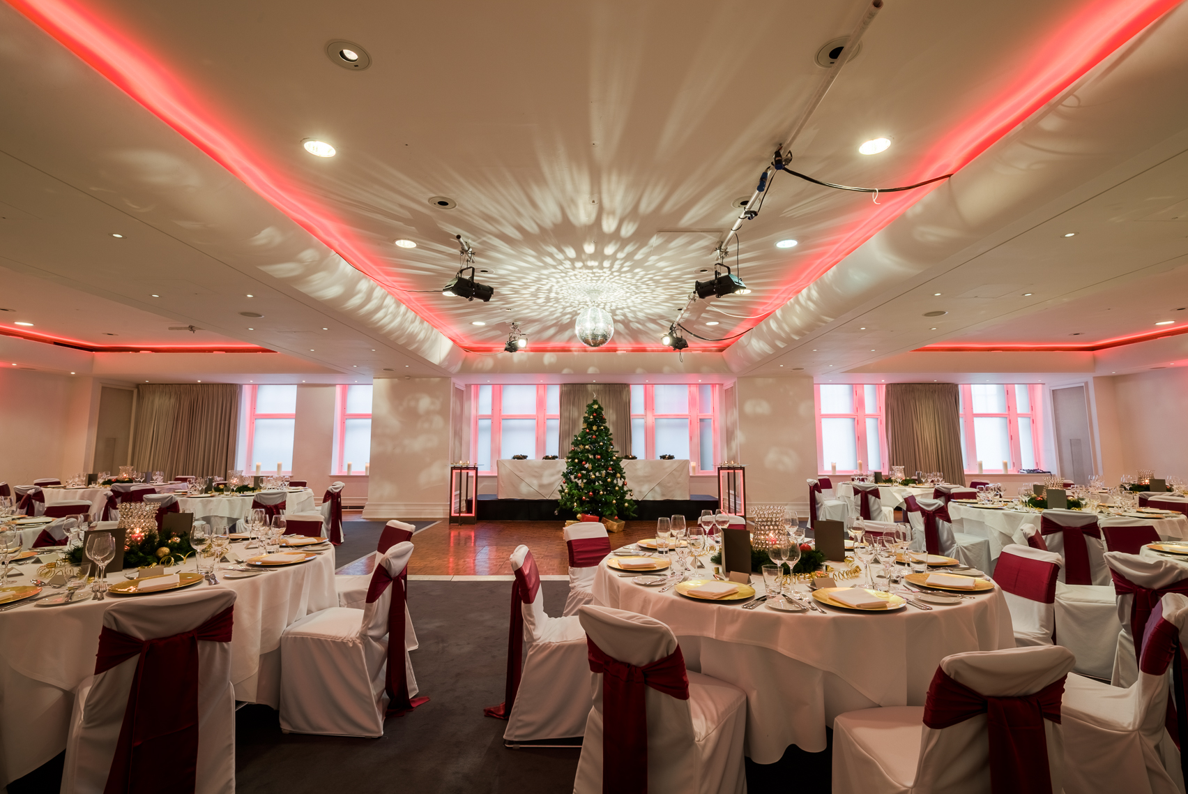 Great Eastern Suite banquet hall with elegant decor for festive events and corporate parties.